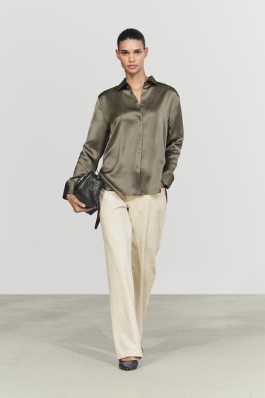 Flowing satin shirt — Greyish green 1