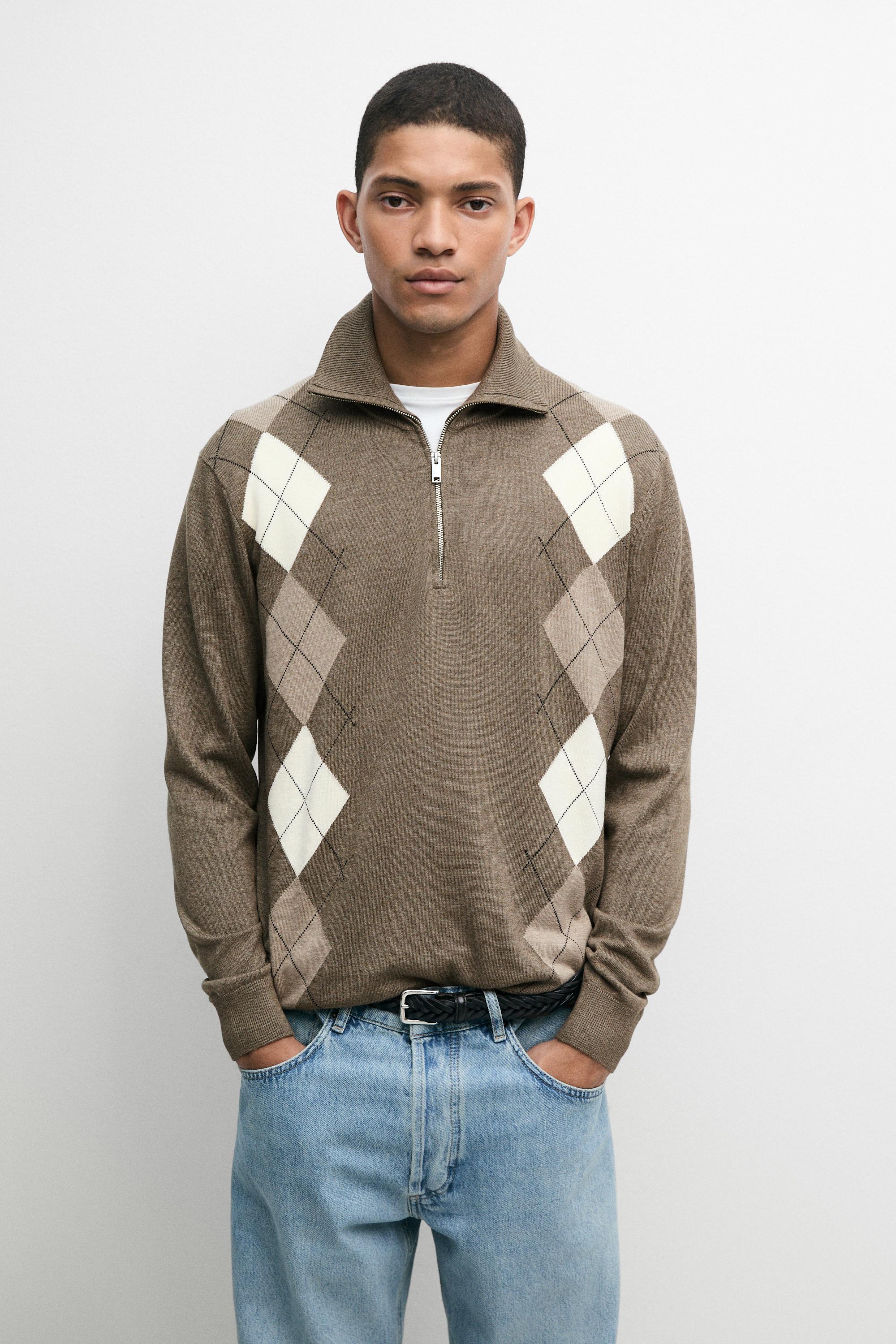 Argyle quarter-zip knit sweater — KHAKI