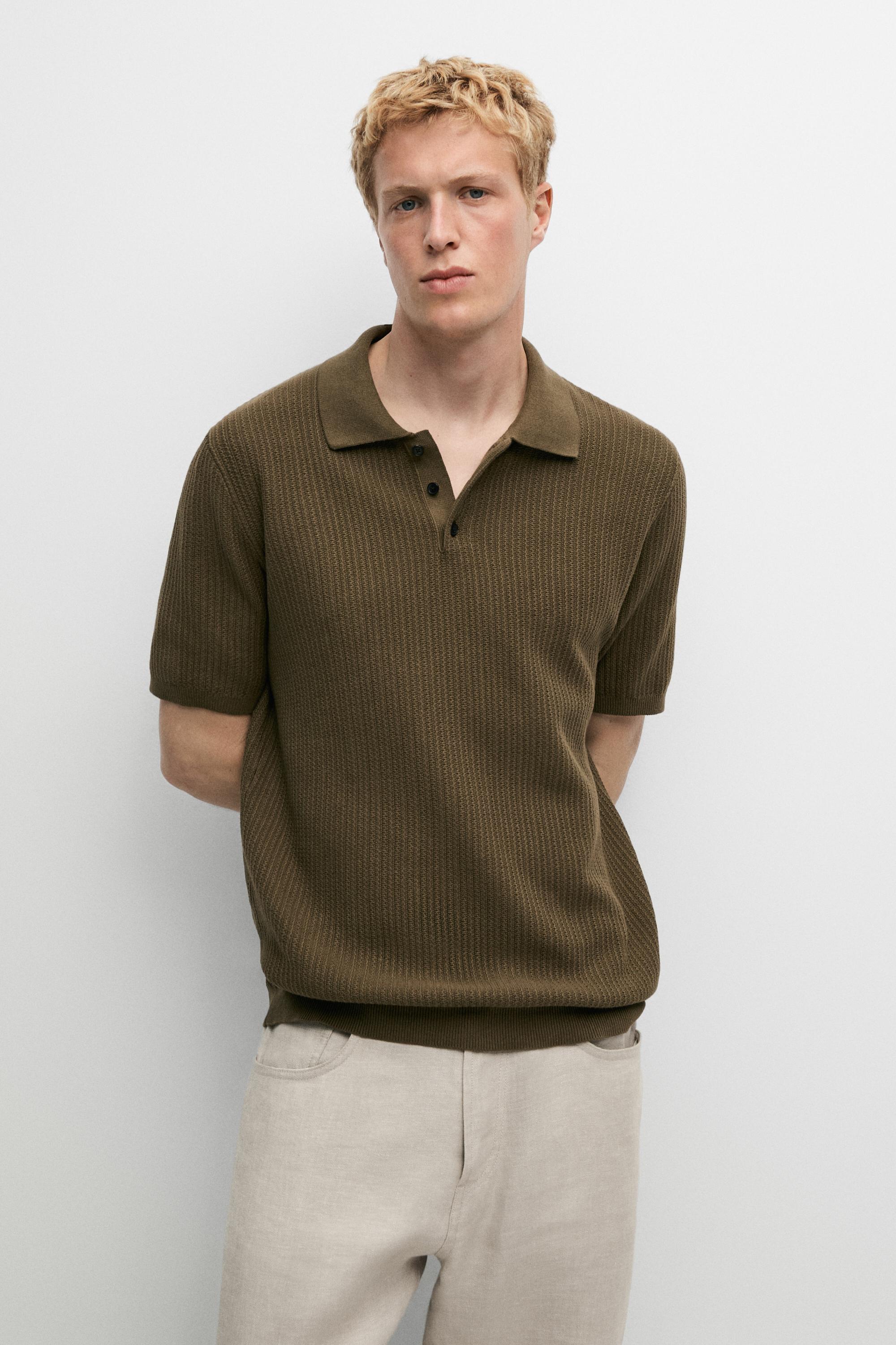 100% cotton textured knit polo sweater — KHAKI