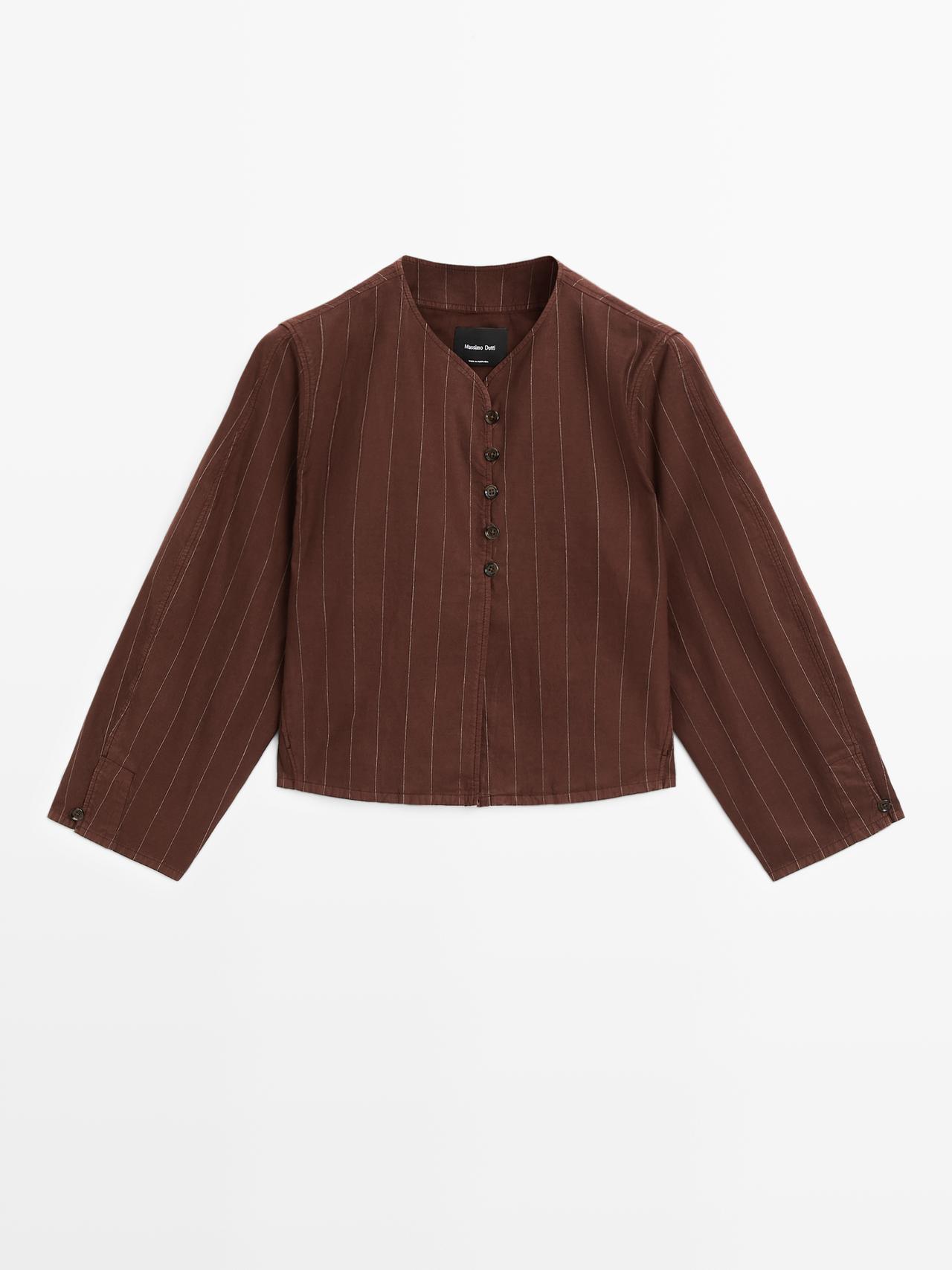Massimo Dutti - Dame - Stribet Jakke Med Knapdetalje - Bordeaux - M