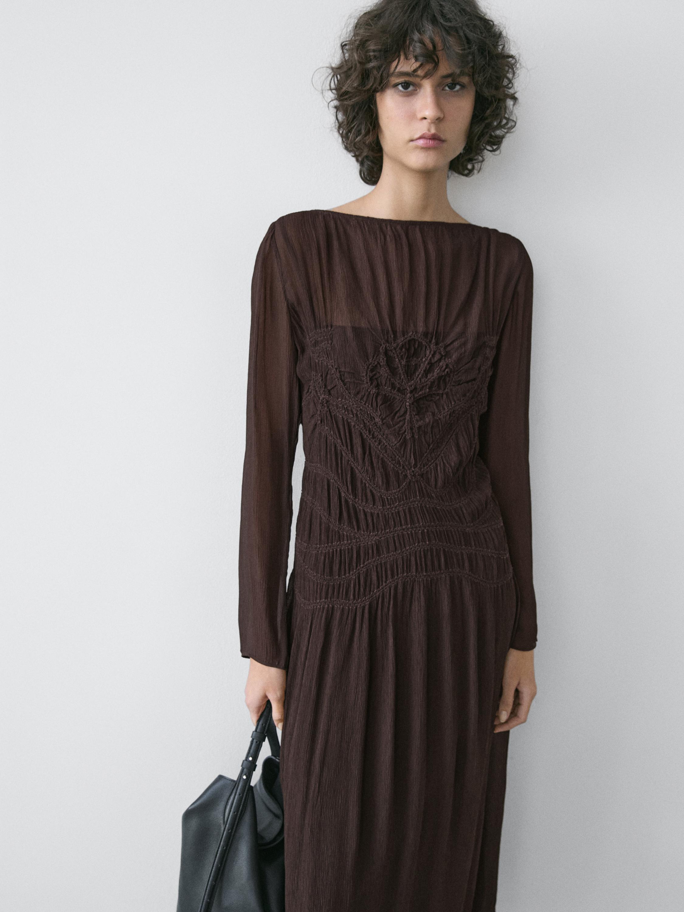 Flowing midi dress with gathered detail — BROWN