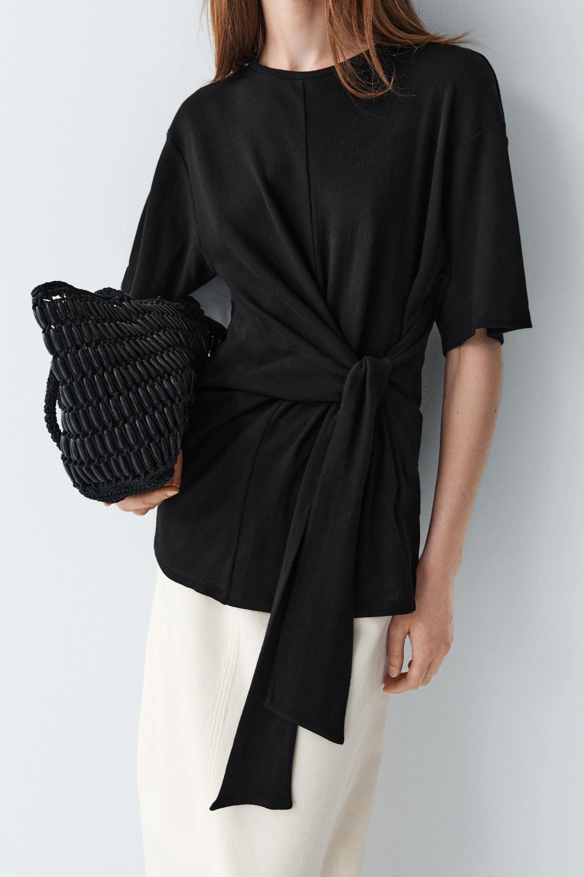 Short sleeve T-shirt with tie detail — BLACK