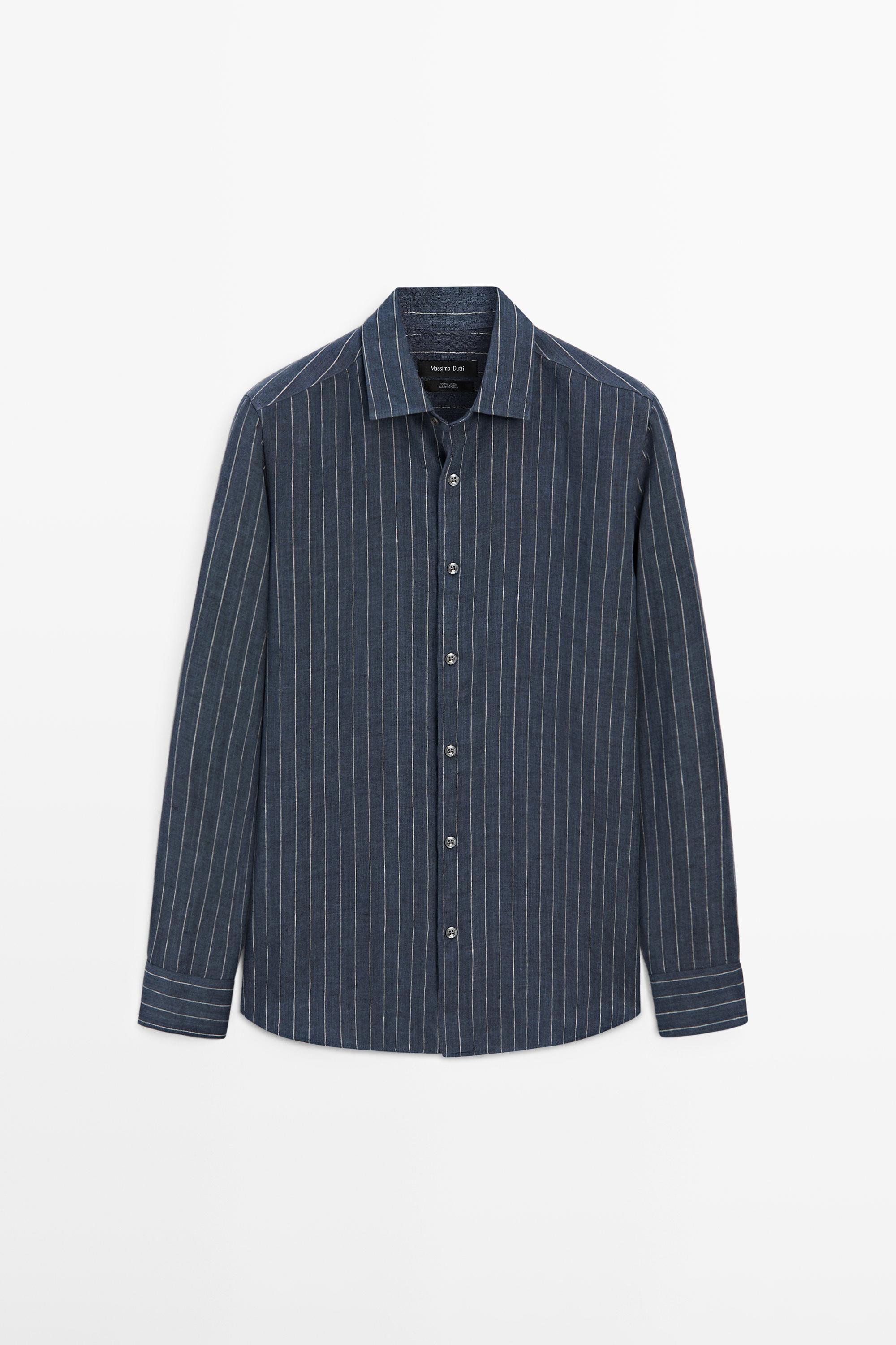 Regular fit 100% linen striped shirt — FADED BLUE