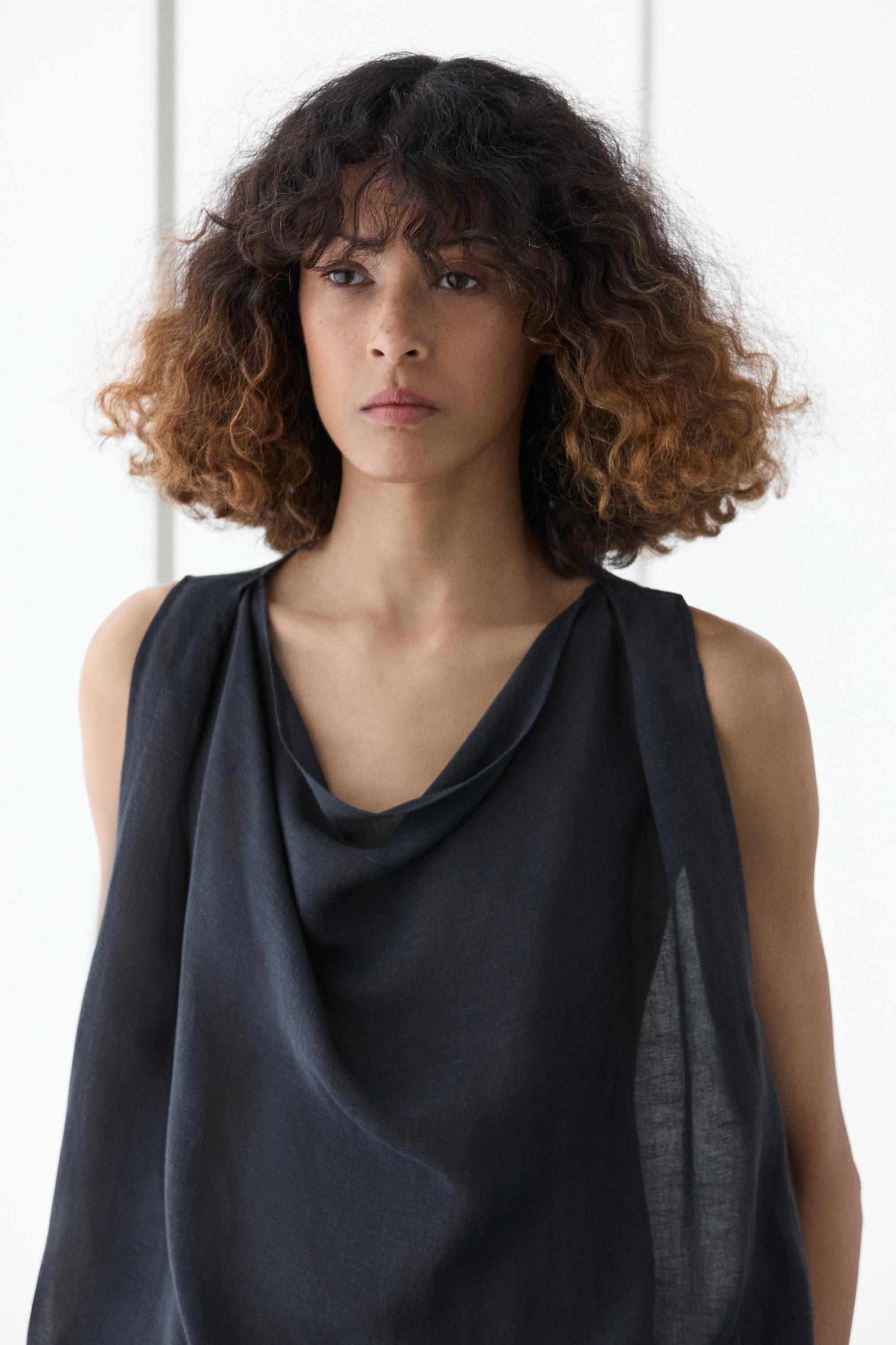 Asymmetric linen blend top — DARK BLUE