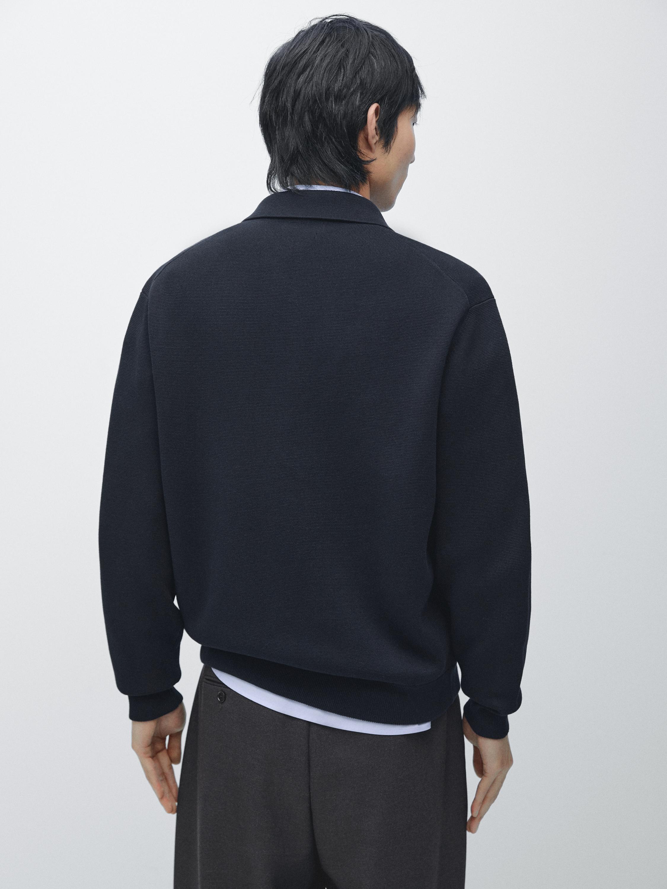 100% cotton knit cardigan with polo collar — NAVY BLUE