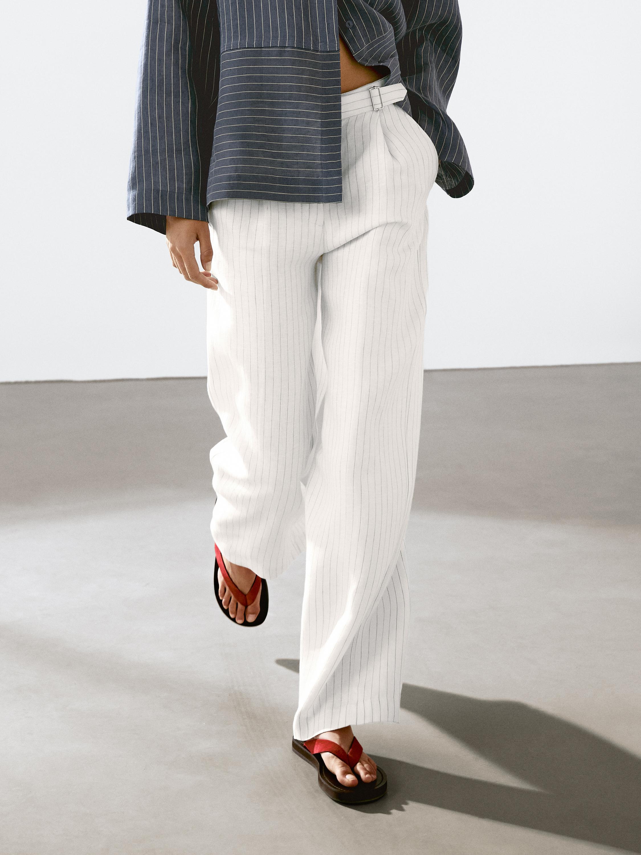100% linen striped trousers with buckle detail