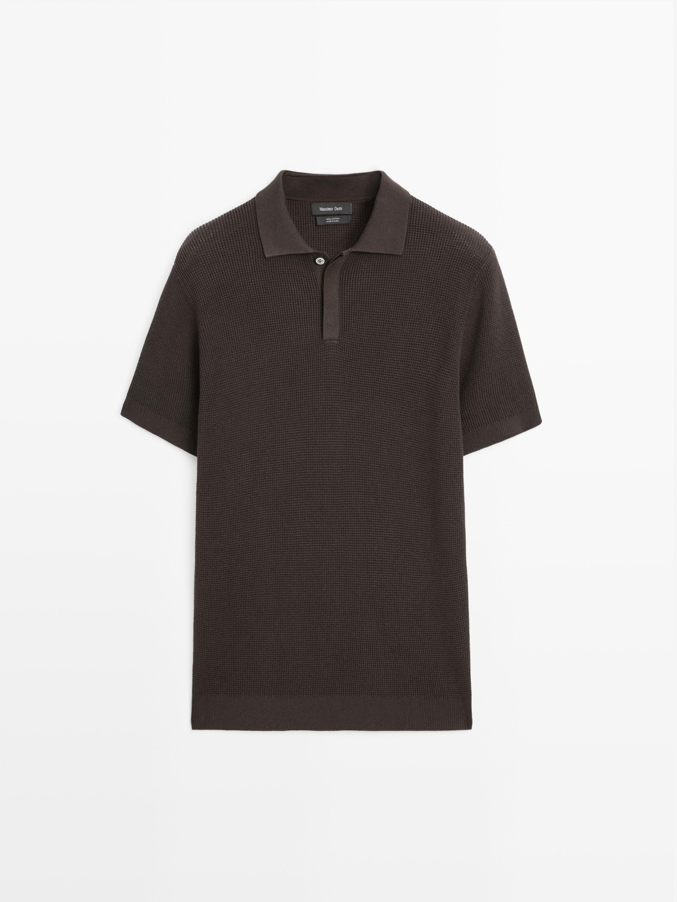 Textured cotton knit polo shirt — BROWN MARL