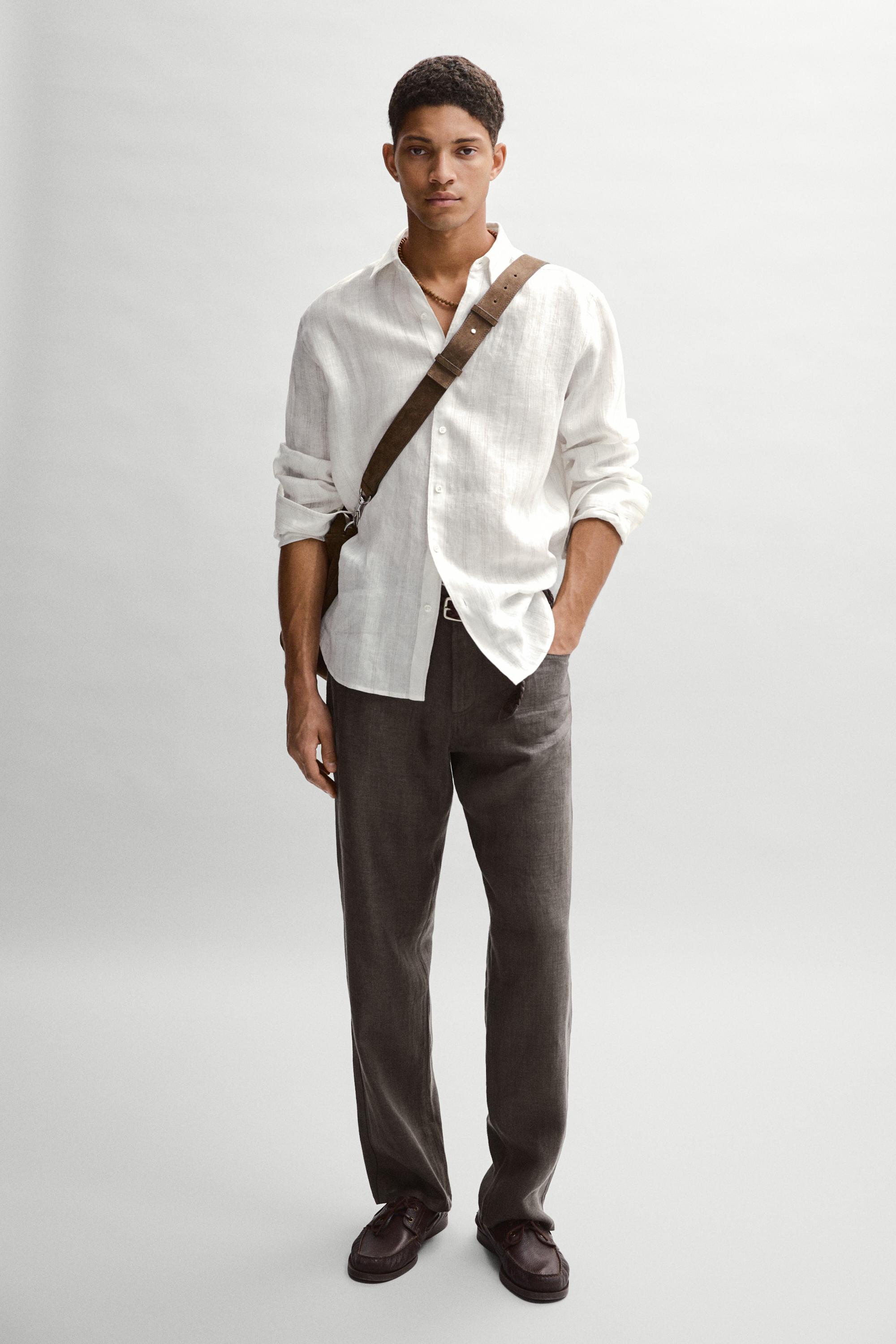 100% linen regular fit striped shirt — BEIGE