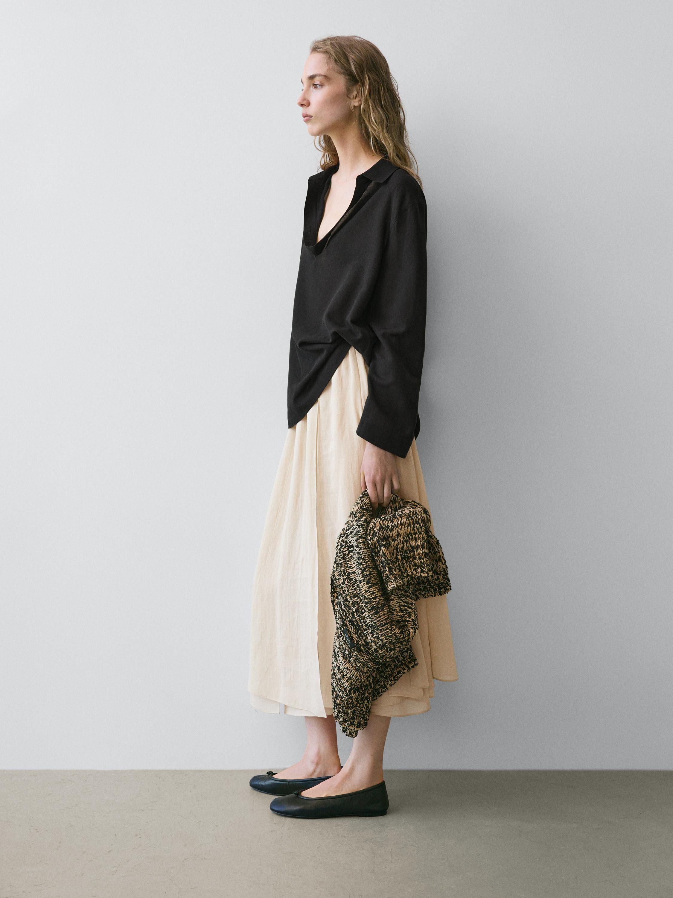 Flowing ramie blend midi skirt — CREAM