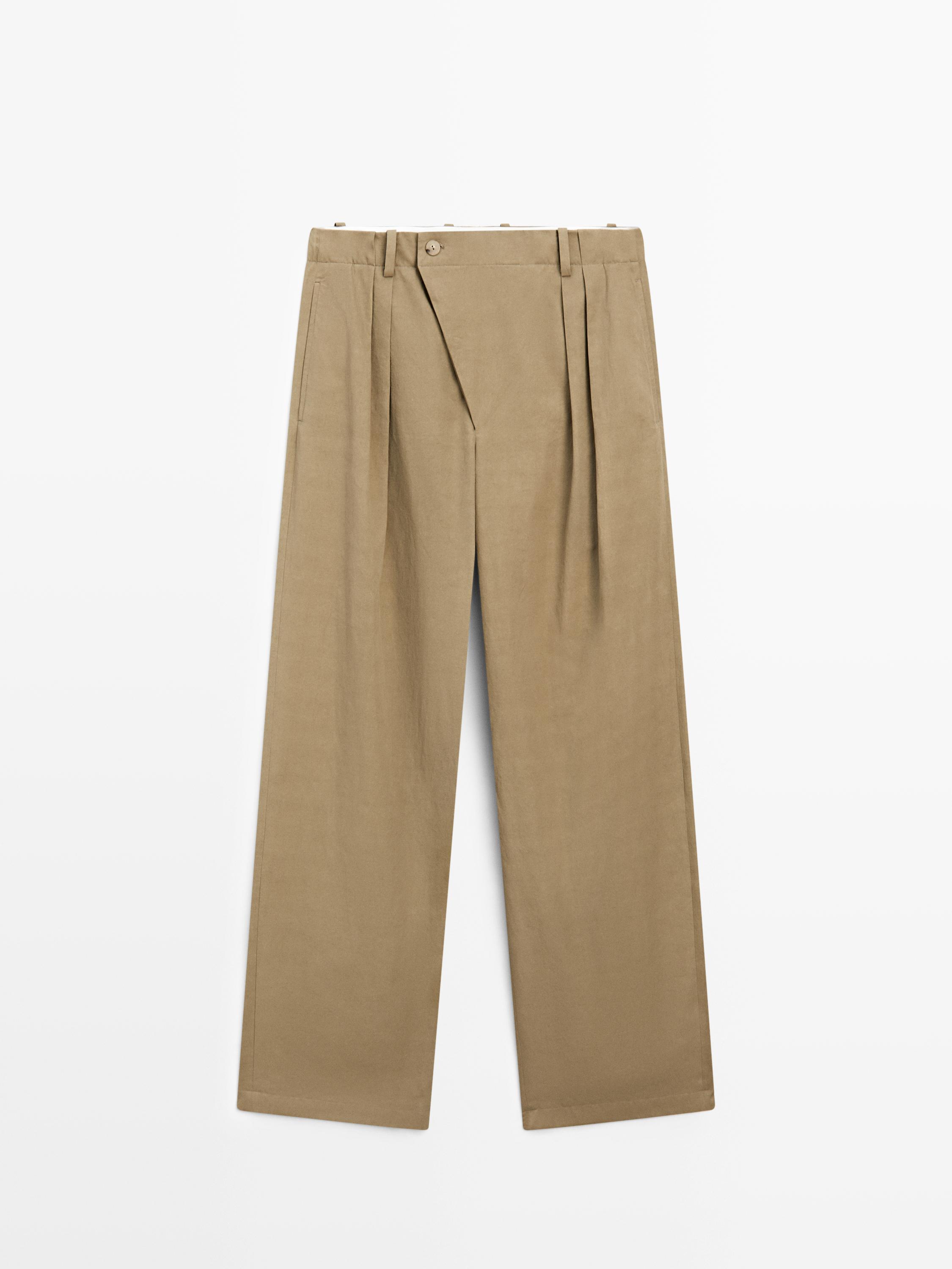 Pleated pants with crossover fastening detail - STUDIO — KHAKI