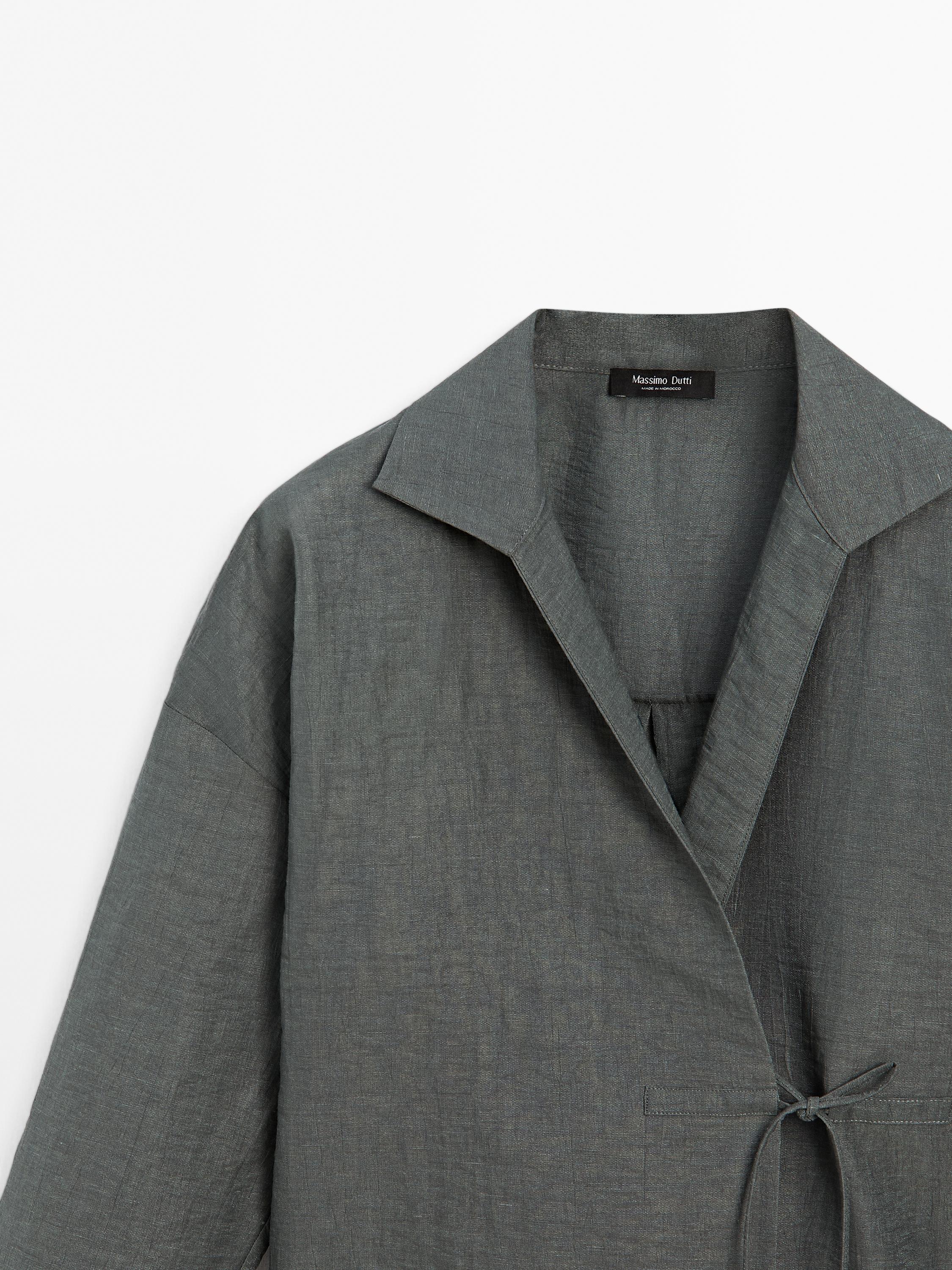 Short linen blend overshirt with lapel collar