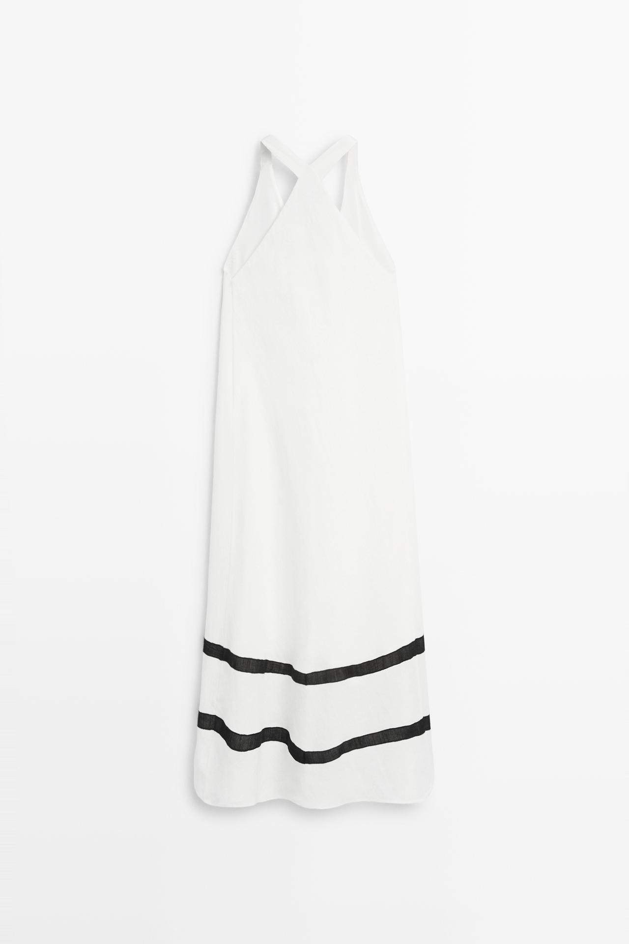 Linen blend midi dress with contrast stripe detail — WHITE