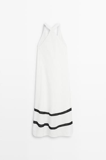 Linen blend midi dress with contrast stripe detail — WHITE 6