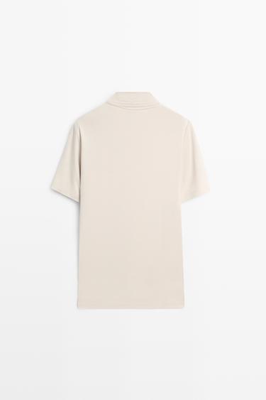 100% cotton V-neck knit polo — STONE 6