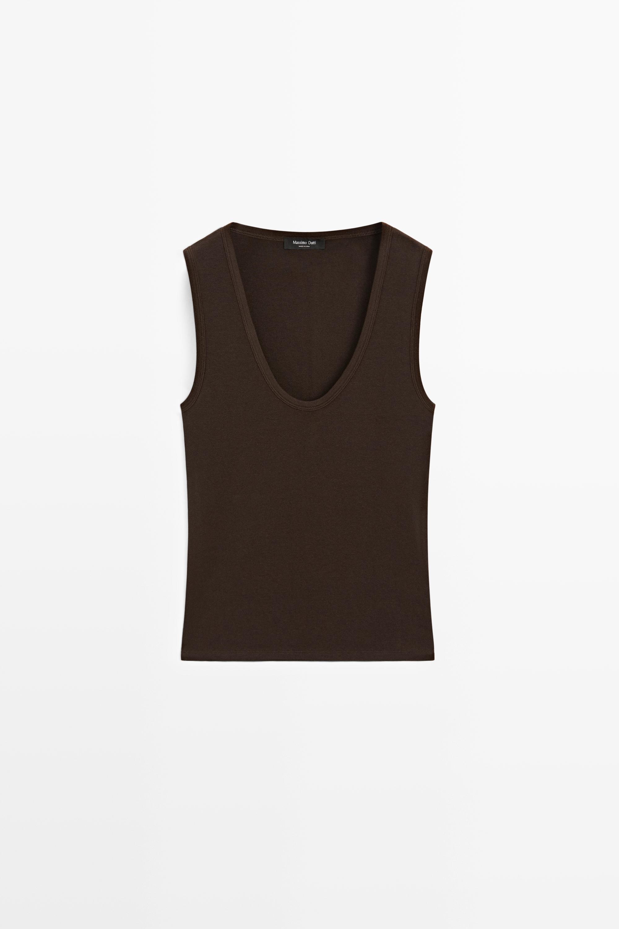 Cotton blend V-neck top — BROWN