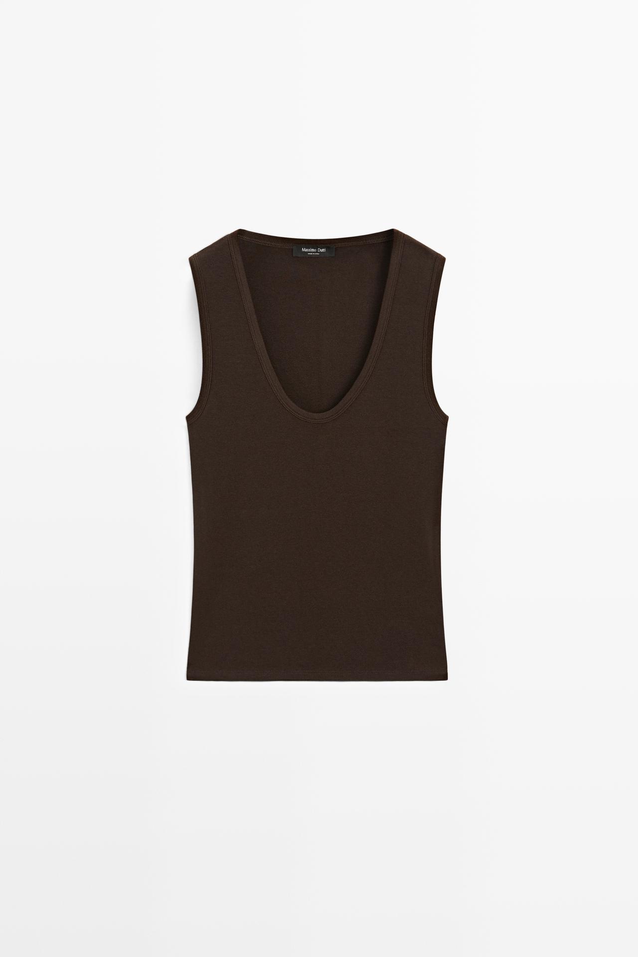 Cotton blend V-neck top — BROWN
