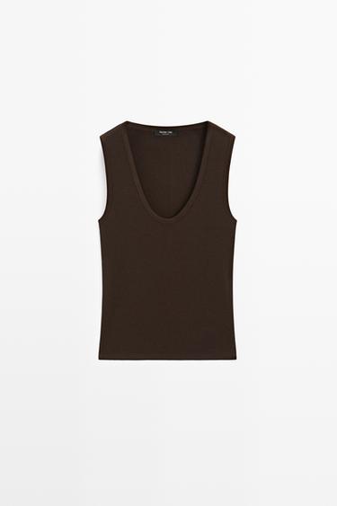 Cotton blend V-neck top — BROWN 2