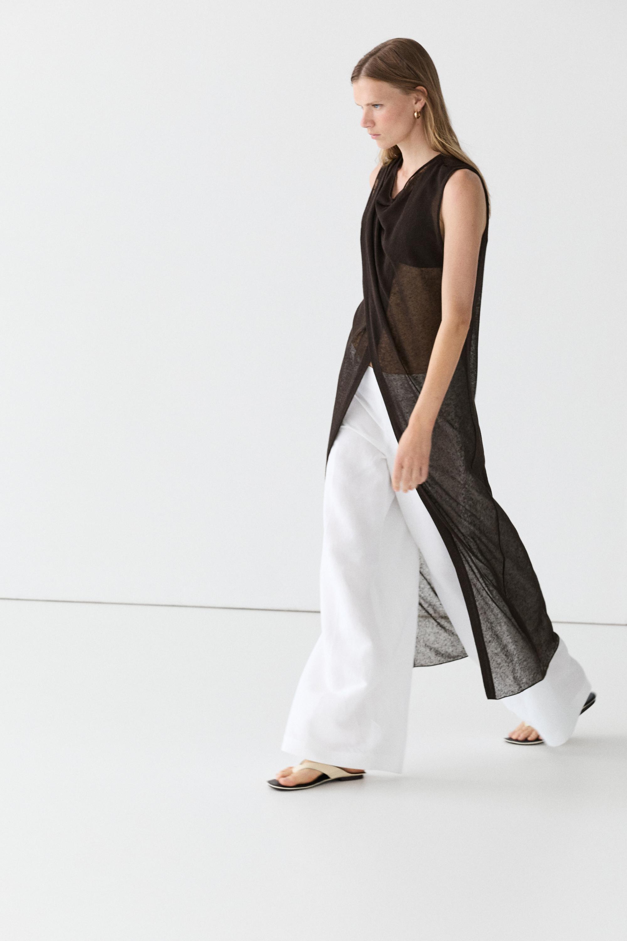 Linen blend crossover dress — BROWN