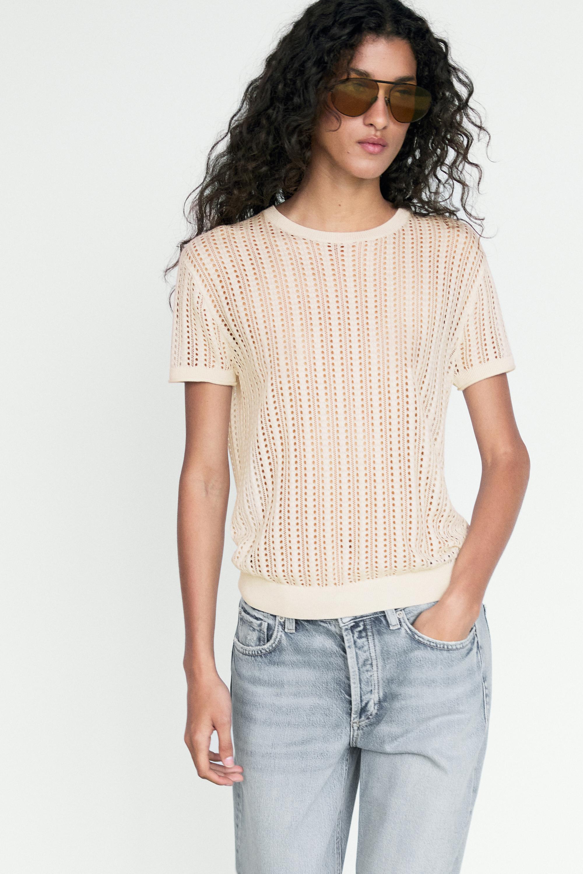 Short sleeve cutwork knit top — CREAM