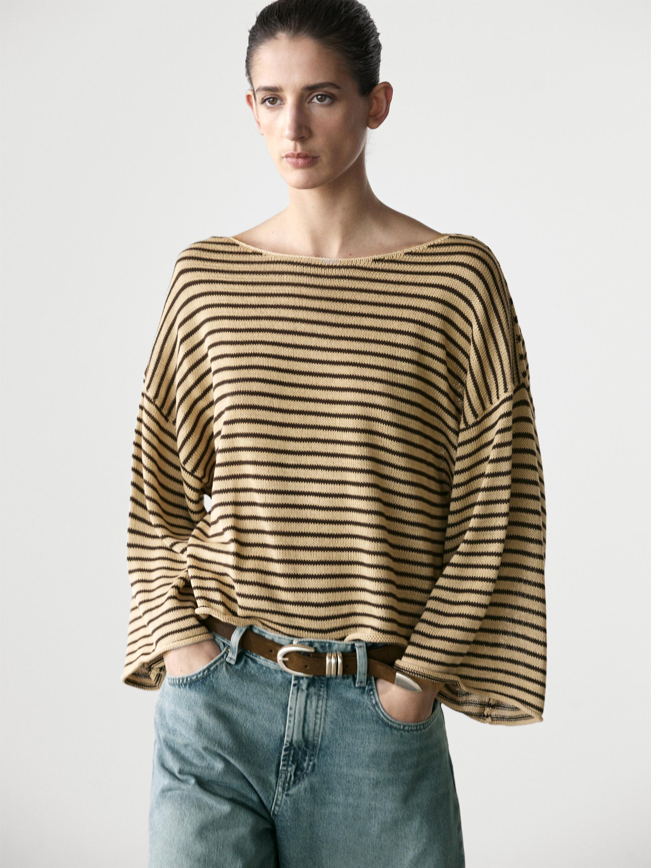 100% cotton striped knit sweater — OCHRE