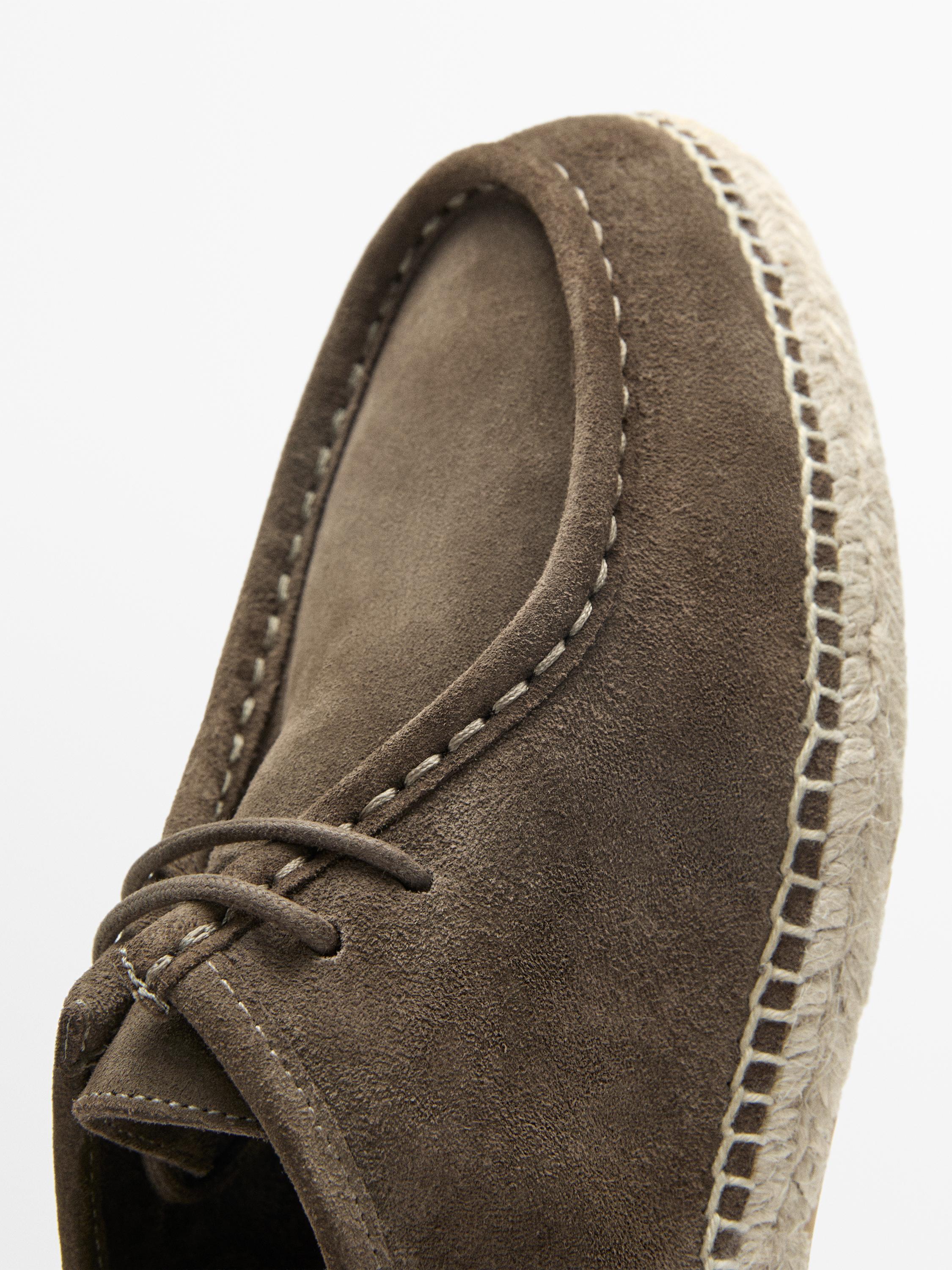 Split leather shoes with moc toe and jute sole — GREY