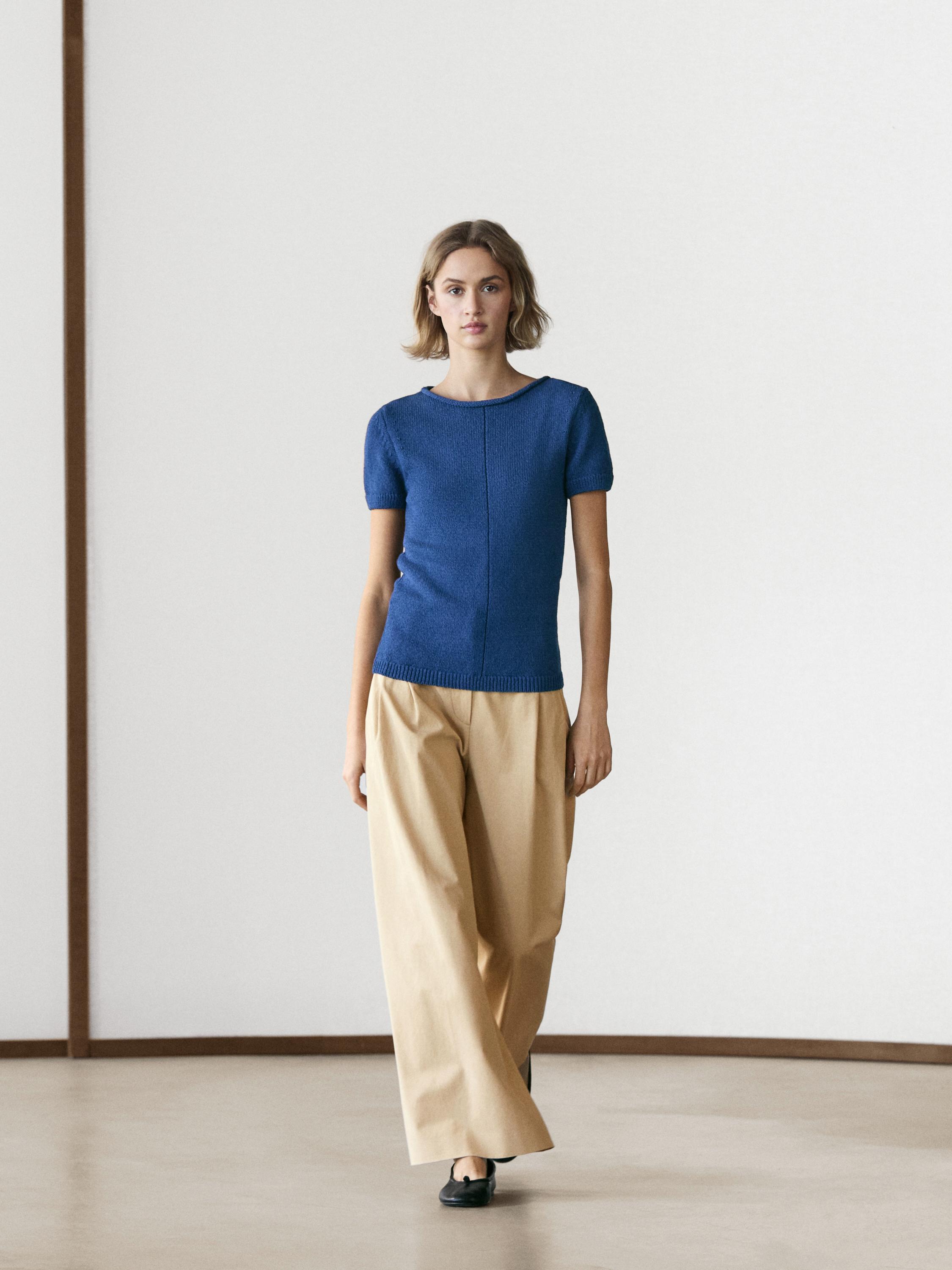 Short sleeve knit cotton blend sweater — DEEP BLUE