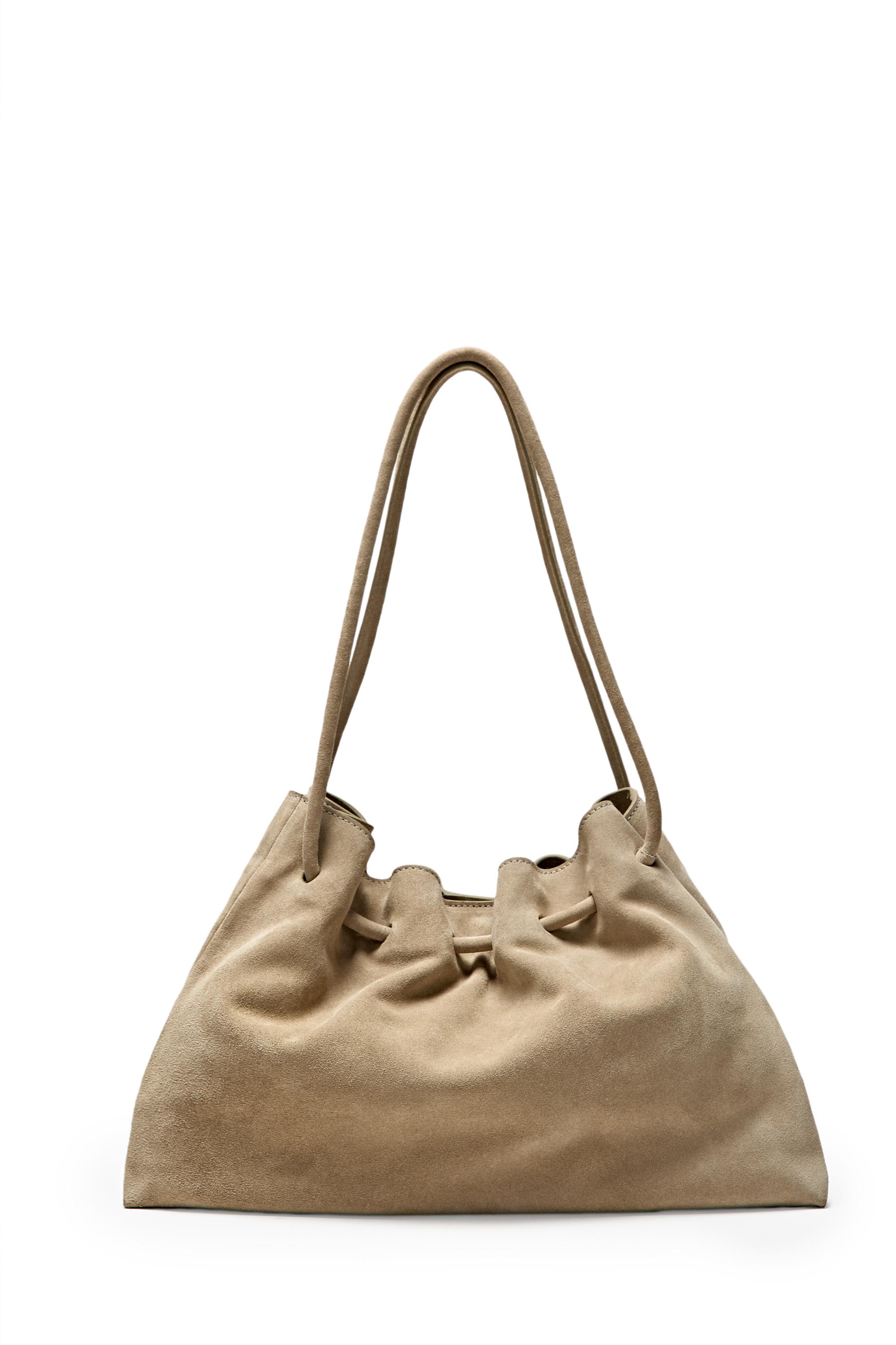 Ruched split suede leather bag — Ecru
