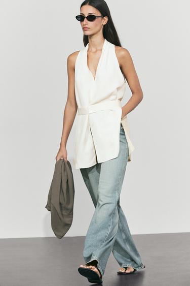 Flowing linen blend vest with belt detail — Off white 5