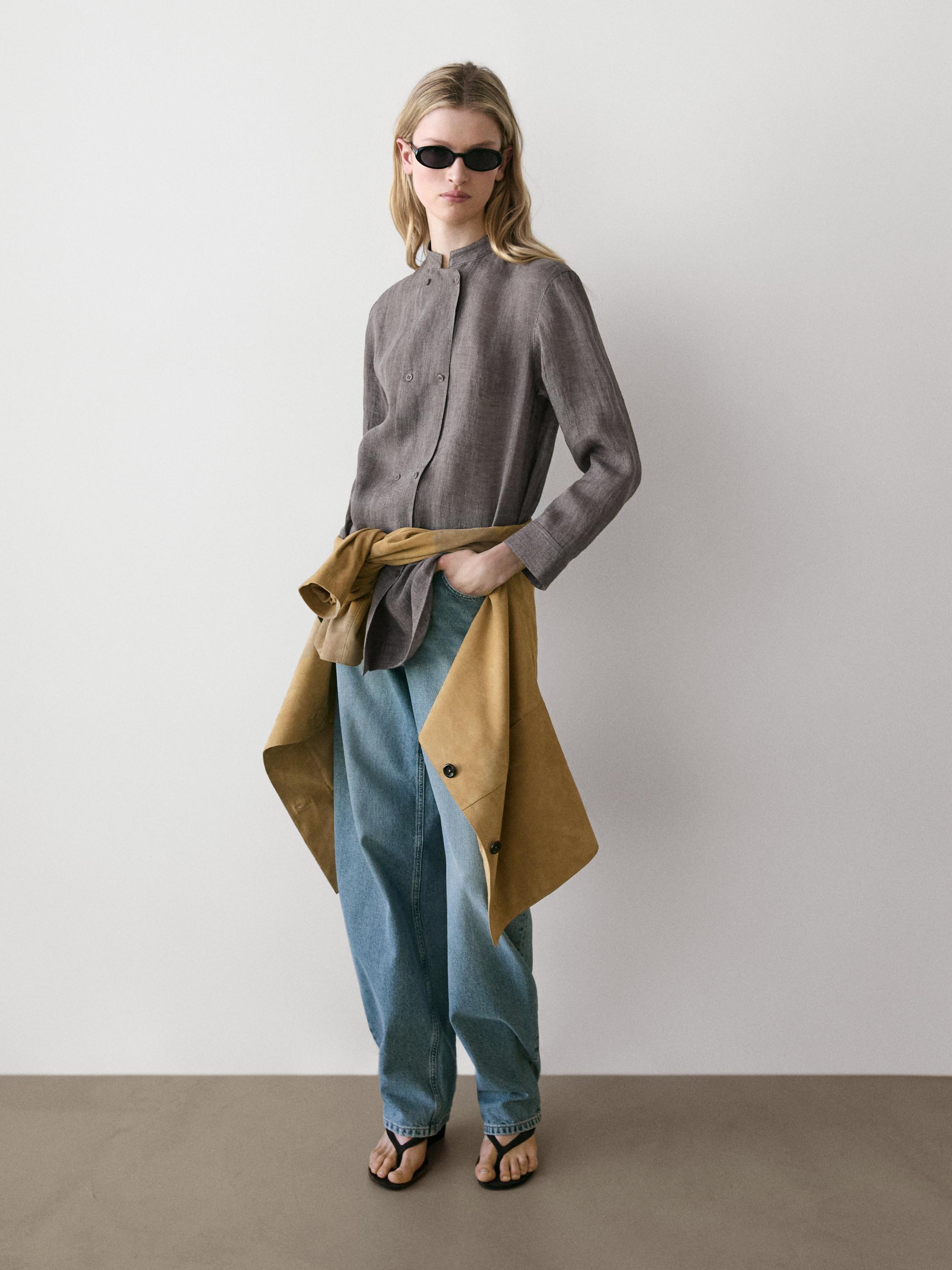 Flowing linen blend shirt with button details — MOLE BROWN