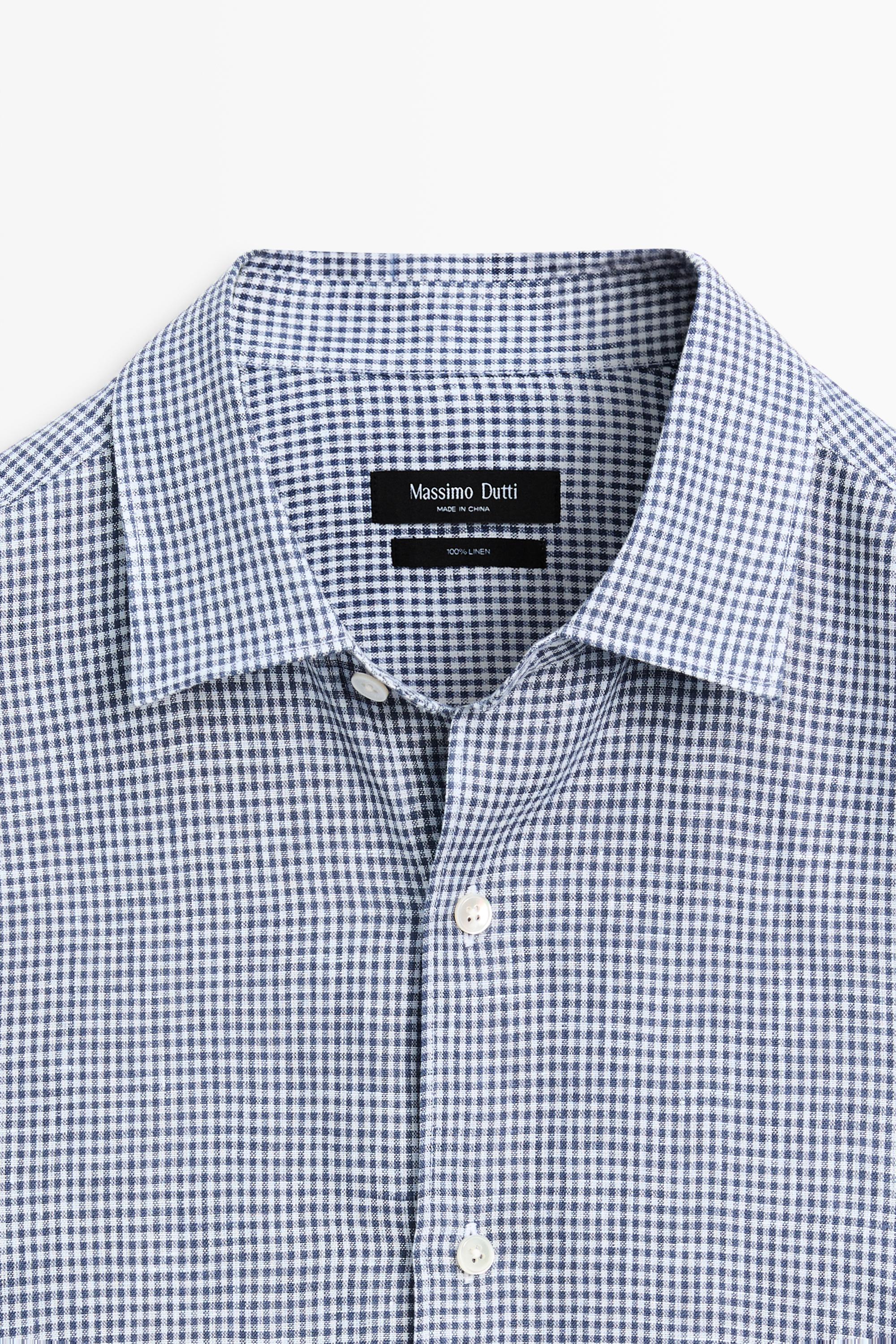 100% linen regular fit gingham shirt — NAVY BLUE