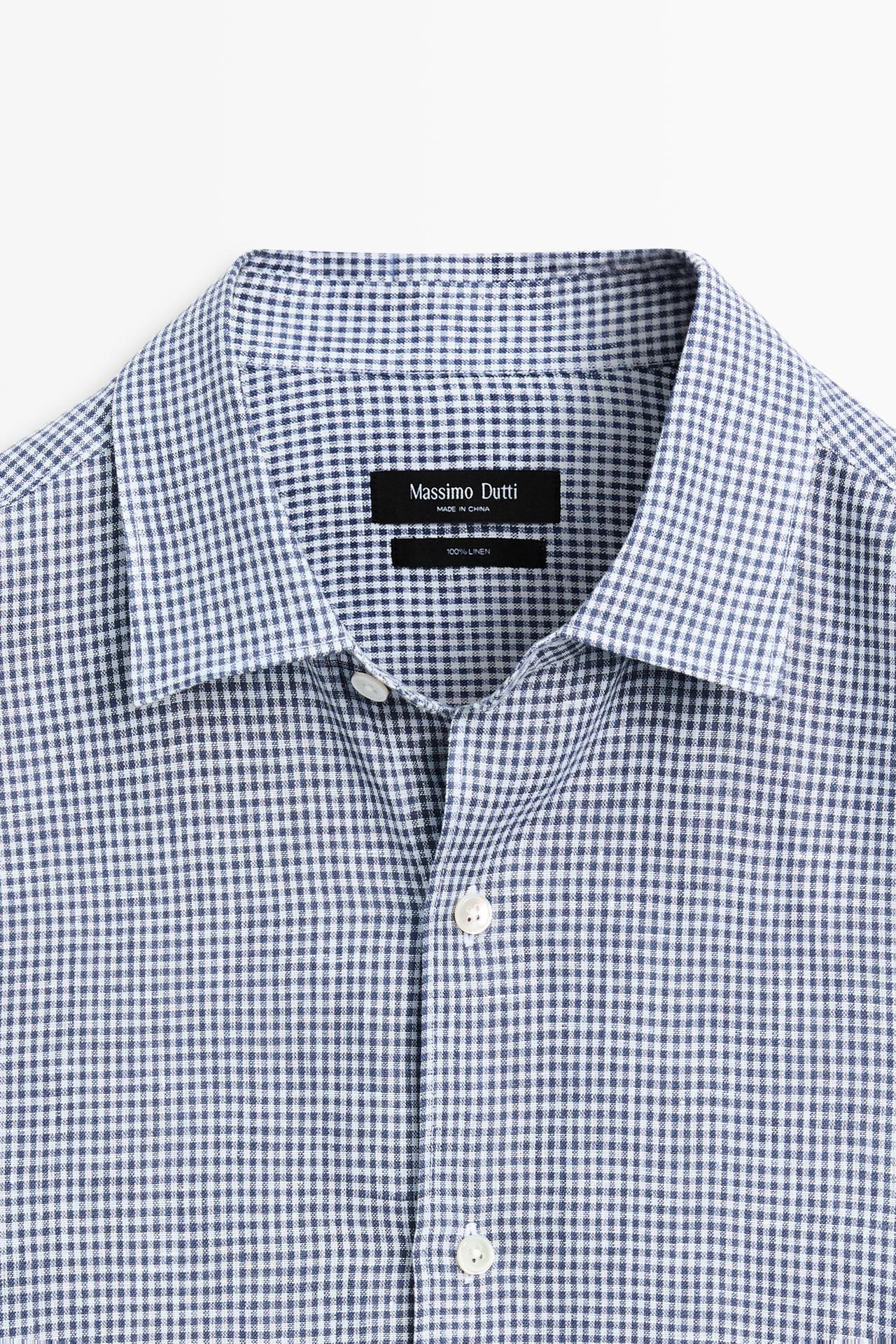 100% linen regular fit gingham shirt — NAVY BLUE
