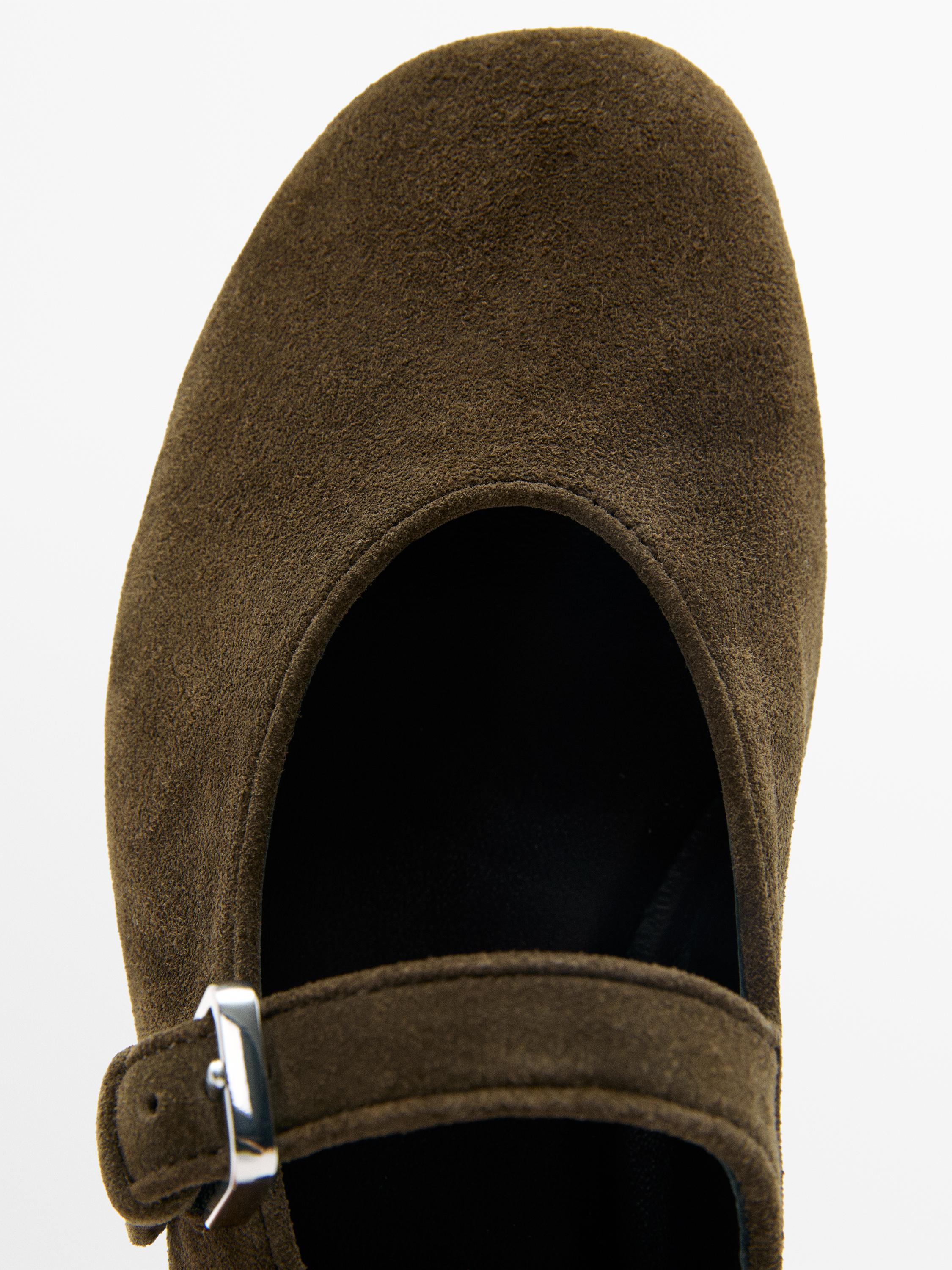 Split leather ballet flats — KHAKI