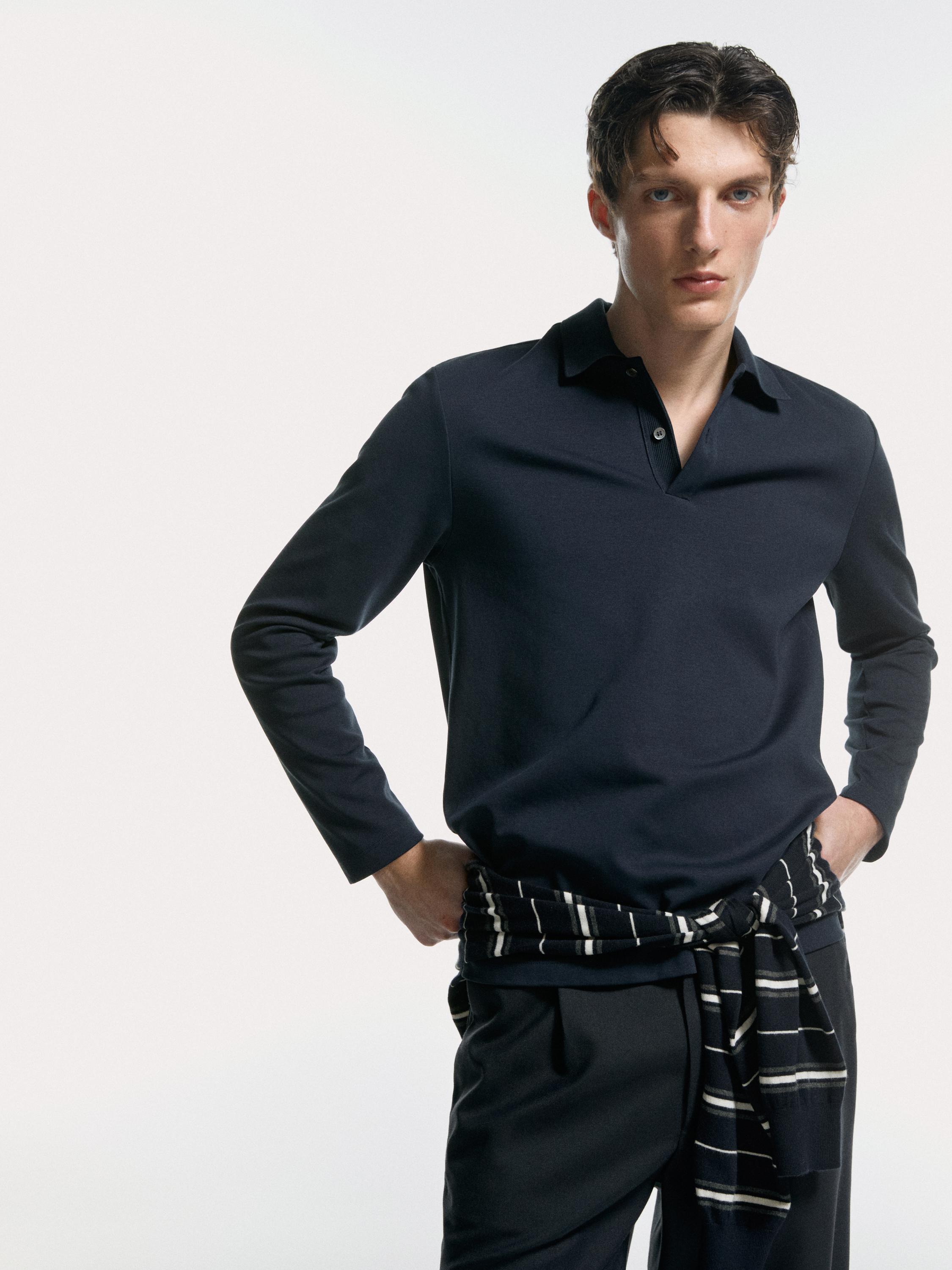 Long sleeve polo shirt with ribbed detail — NAVY BLUE