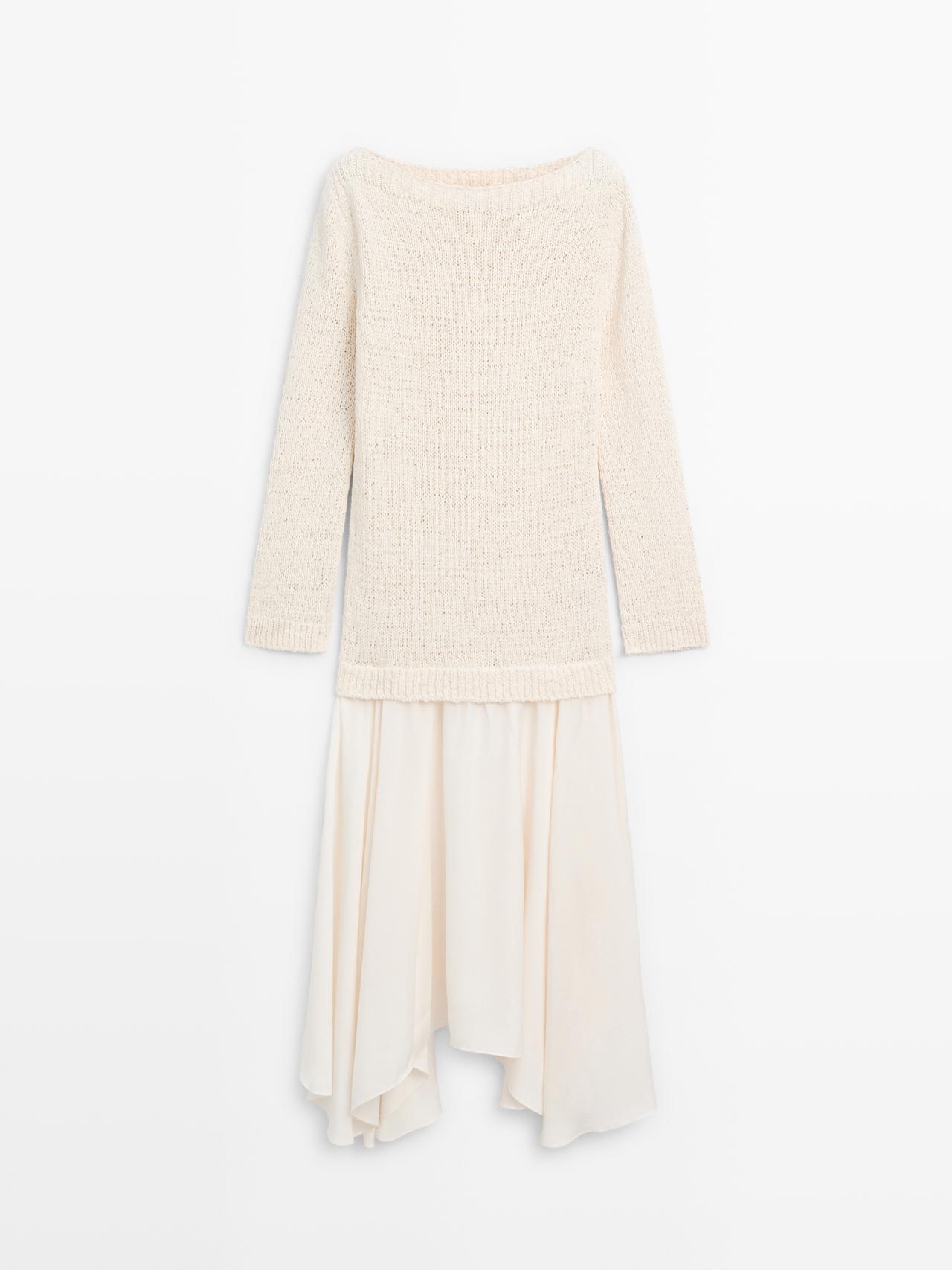 Massimo Dutti - Dames - Asymmetrical Midi Dress With Mixed Detailing - Ecru - Xs