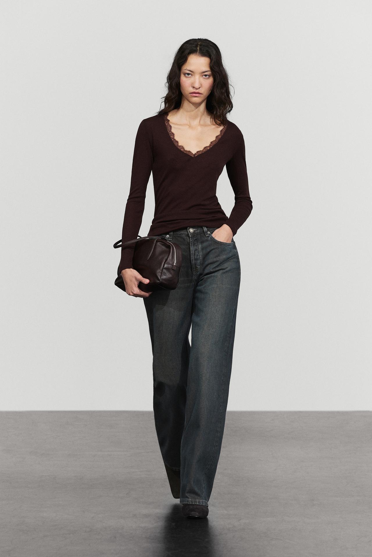 Long sleeve T-shirt with lingerie-inspired detail — BROWN