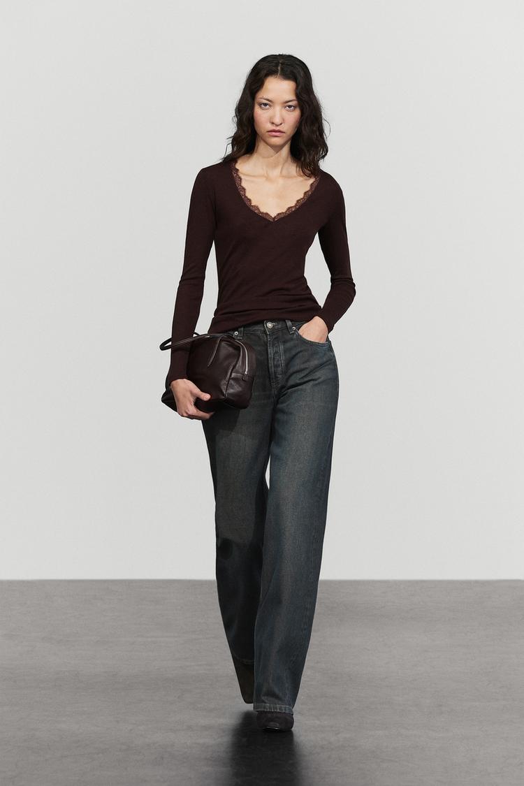 Long sleeve T-shirt with lingerie-inspired detail — BROWN