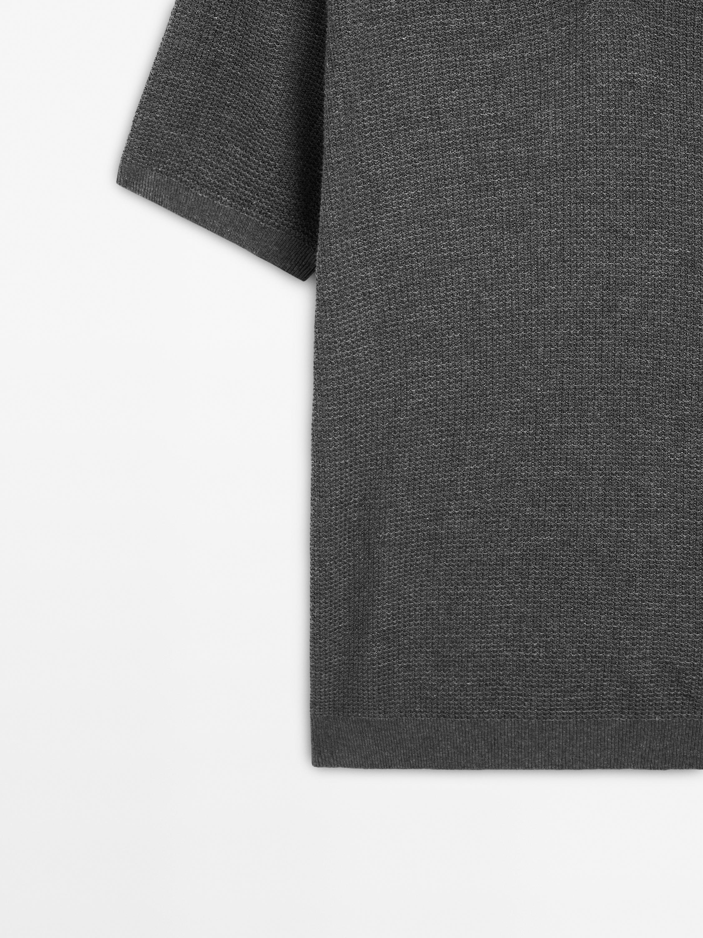 Linen blend textured knit polo shirt