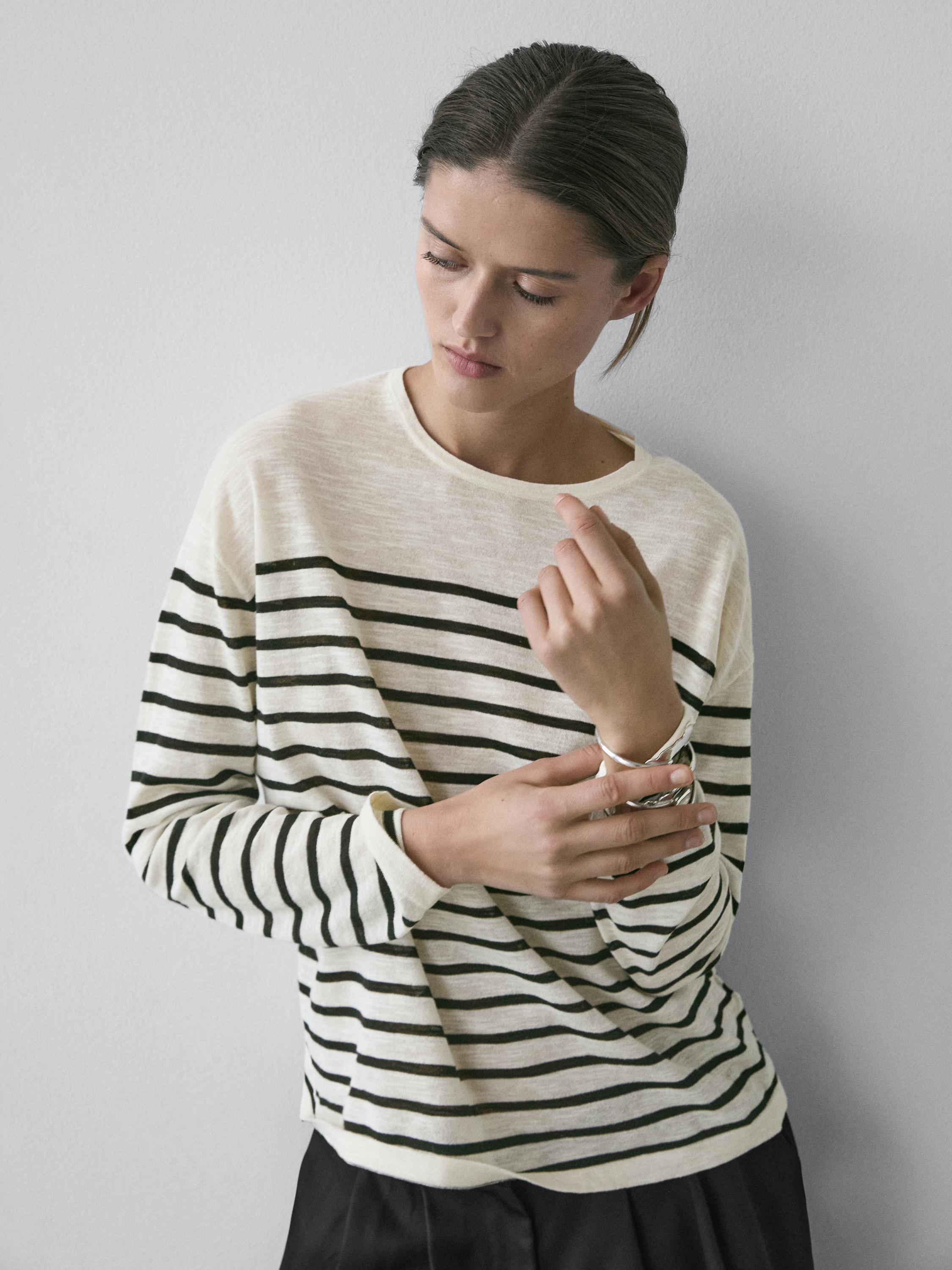 Cotton blend striped long sleeve T-shirt
