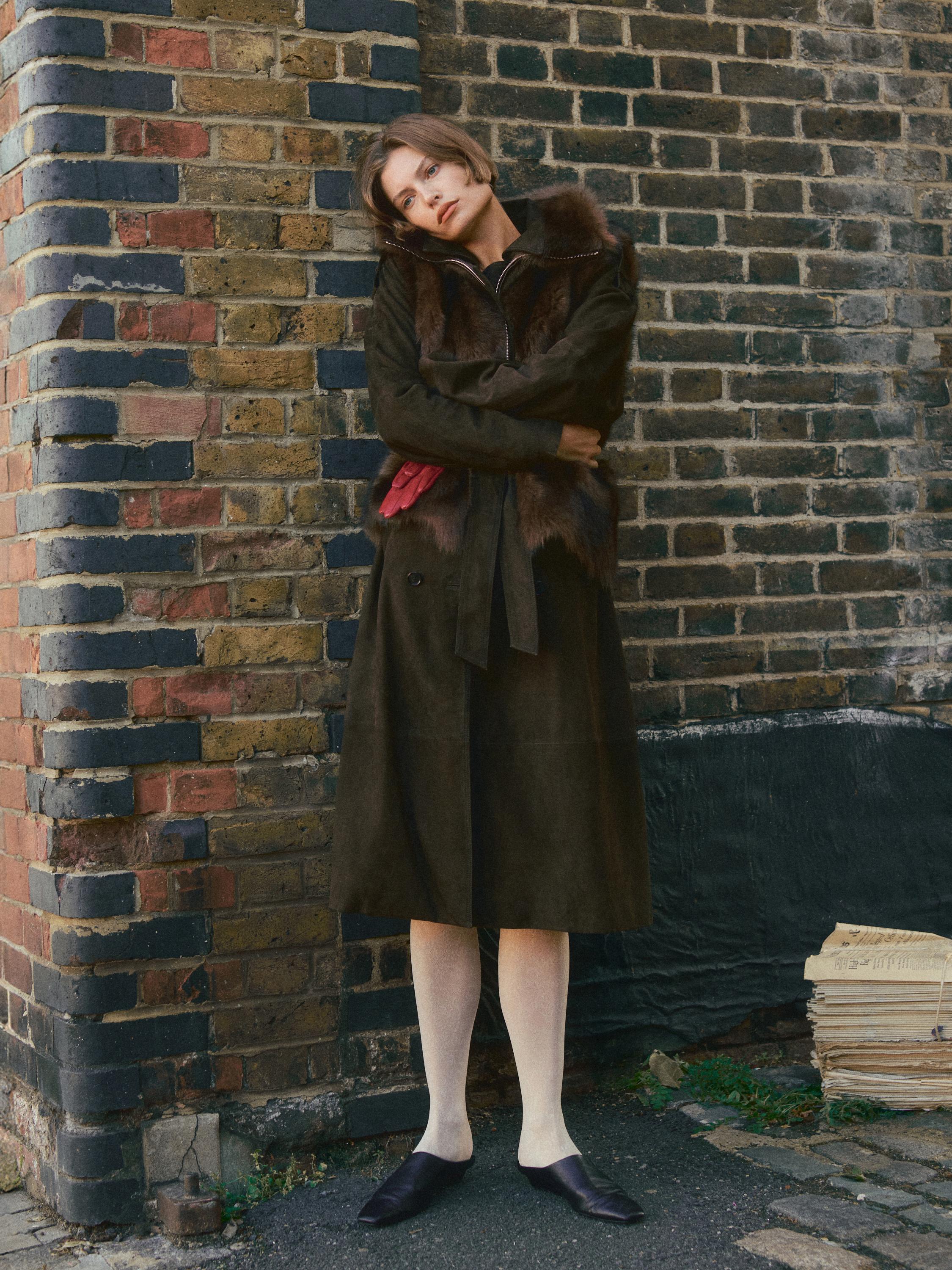 Long suede leather trench coat