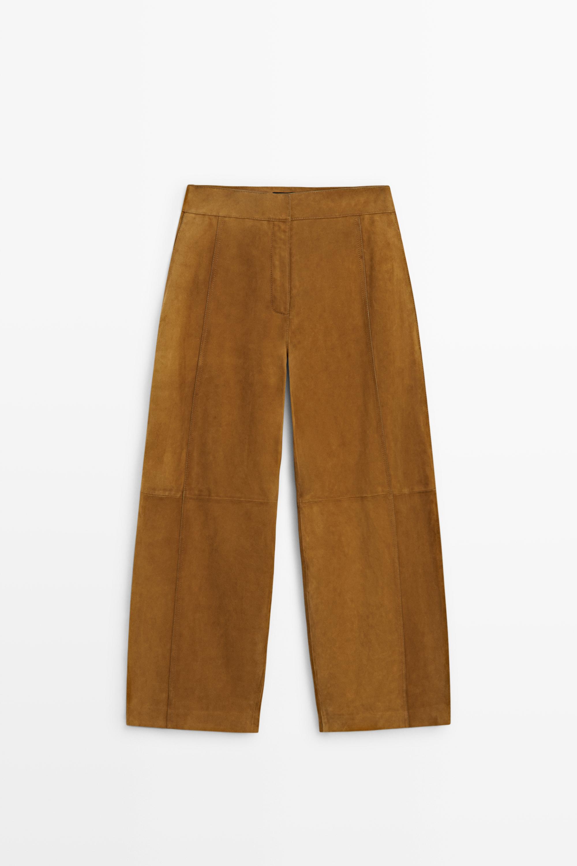 Suede goatskin barrel fit pants — DARK CAMEL