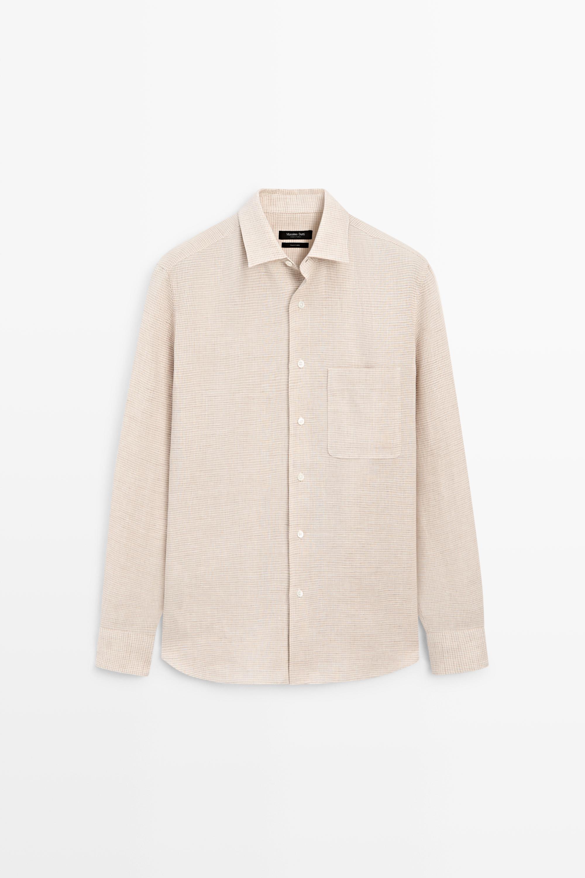 100% linen regular fit micro check shirt — CREAM