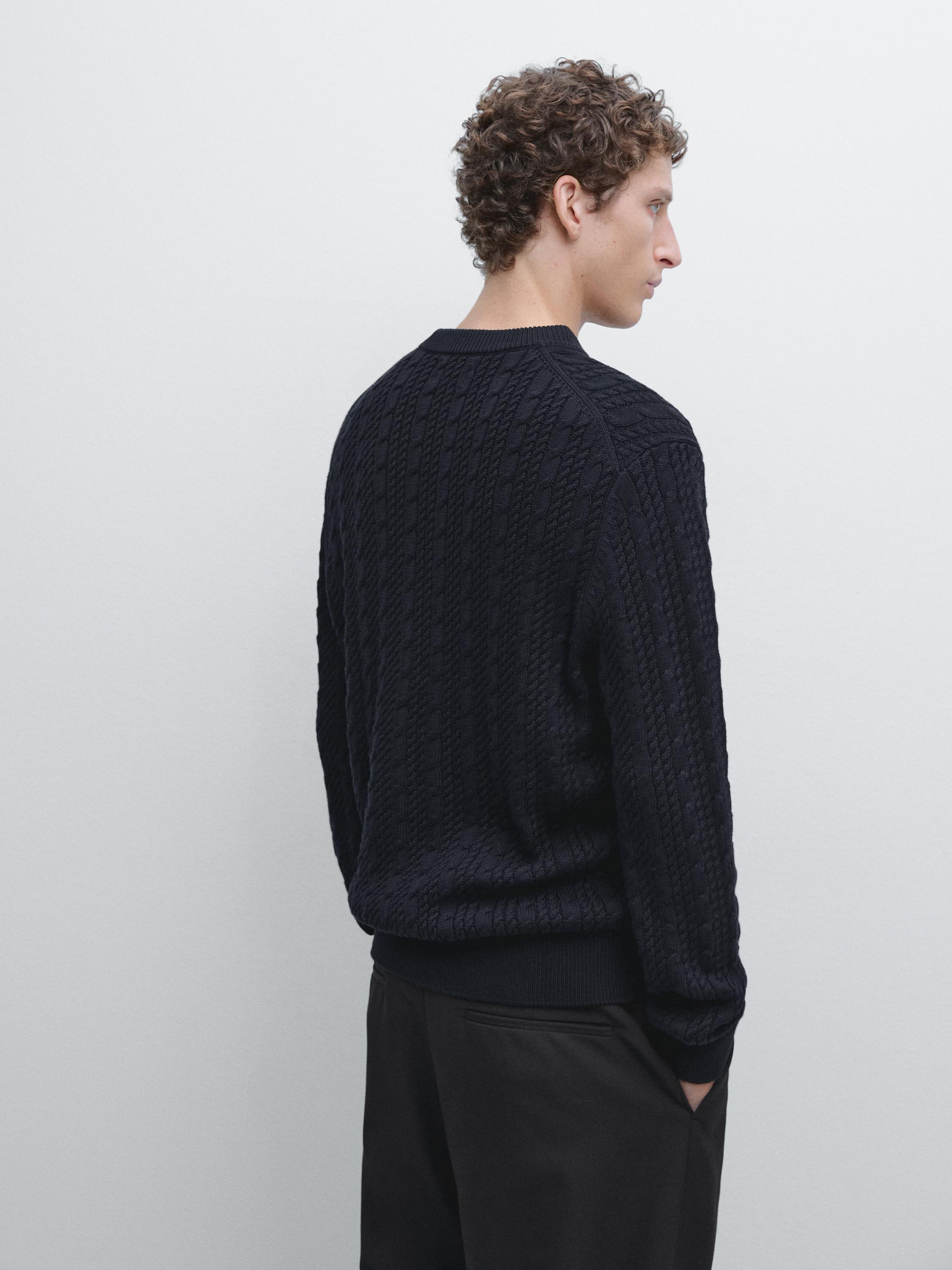 Cable-knit 100% cotton sweater with crew neck — NAVY BLUE