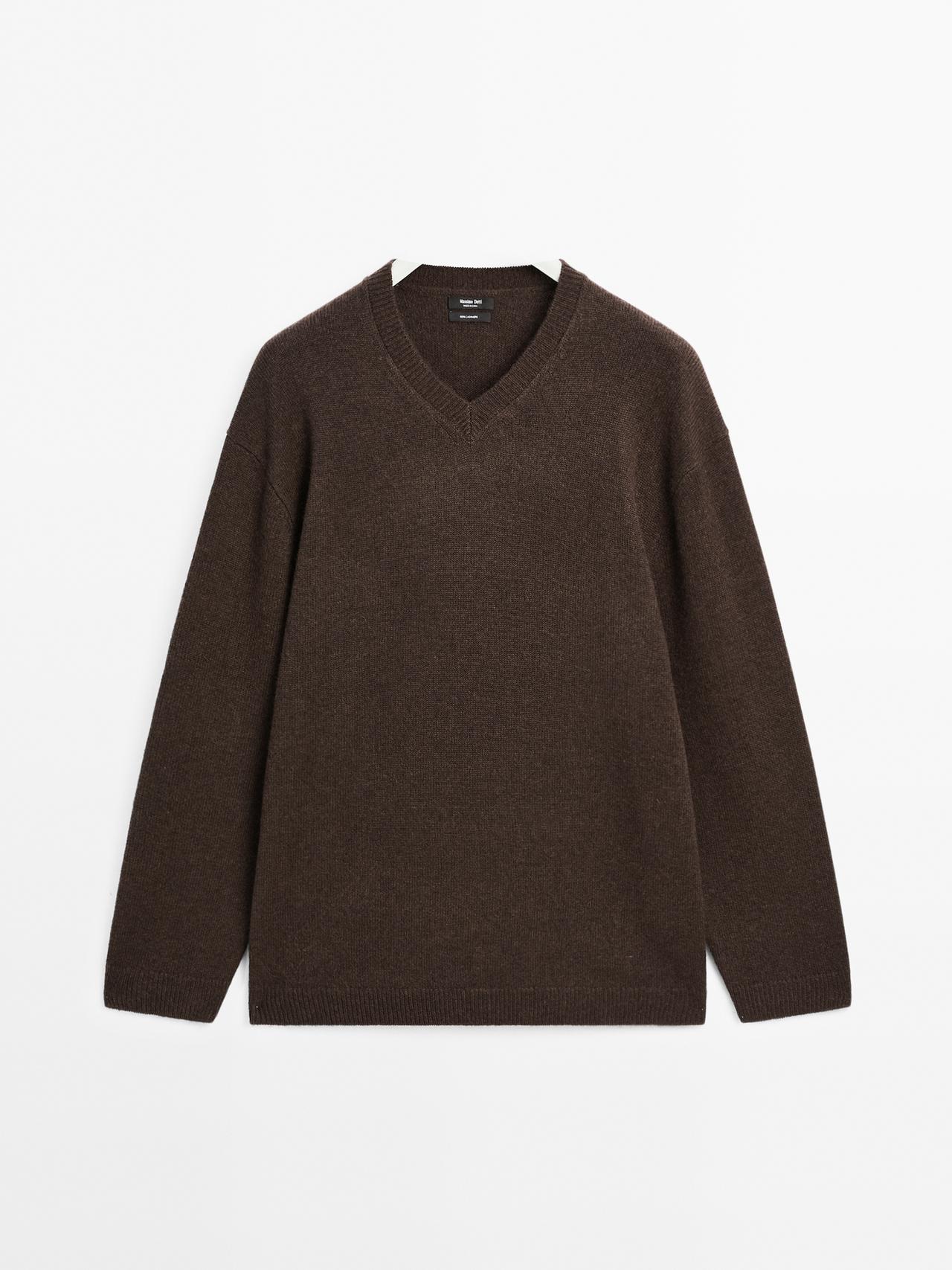 Massimo Dutti - Dame - Oversize Trøje I 100 % Kashmir Med V-Udskæring - Chokolade - L