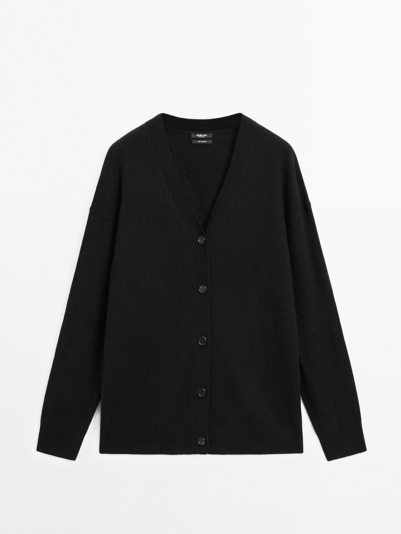 Massimo Dutti - Dame - Oversize Cardigan I 100 % Kashmir Med V-Udskæring - Sort - Xs