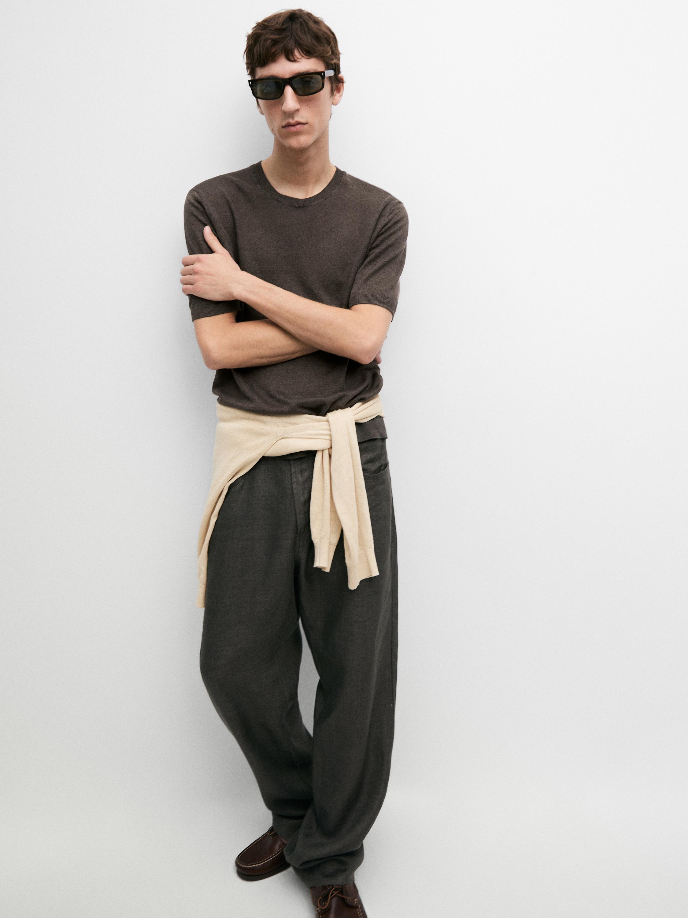 Lightweight 100% linen knit T-shirt — BROWN