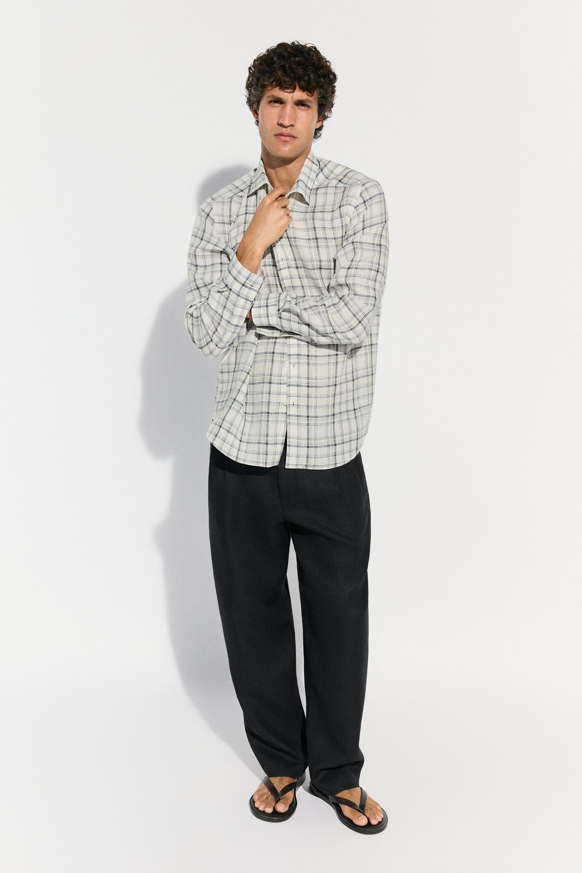 100% linen check shirt — CREAM
