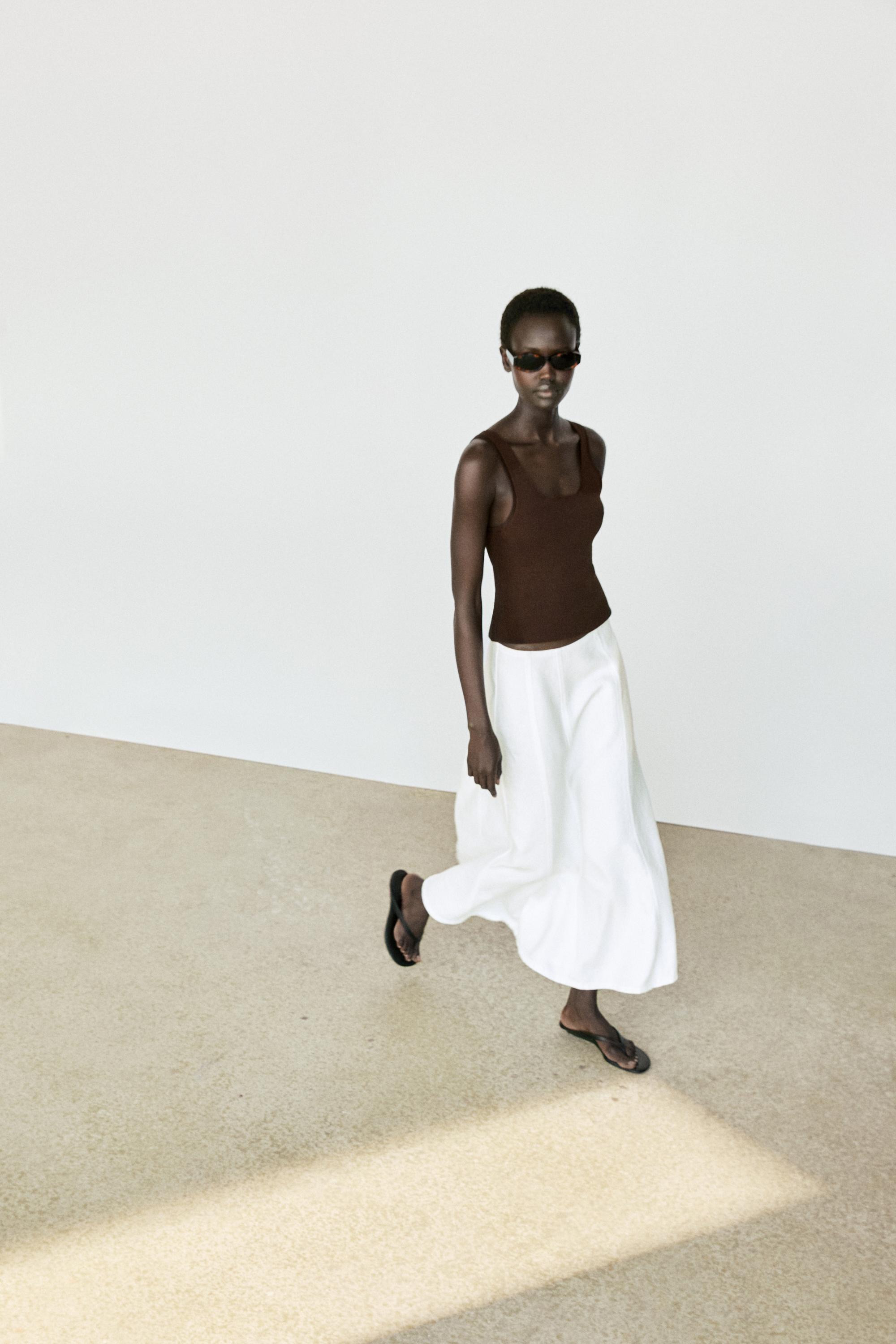100% linen denim-effect midi skirt — Off white