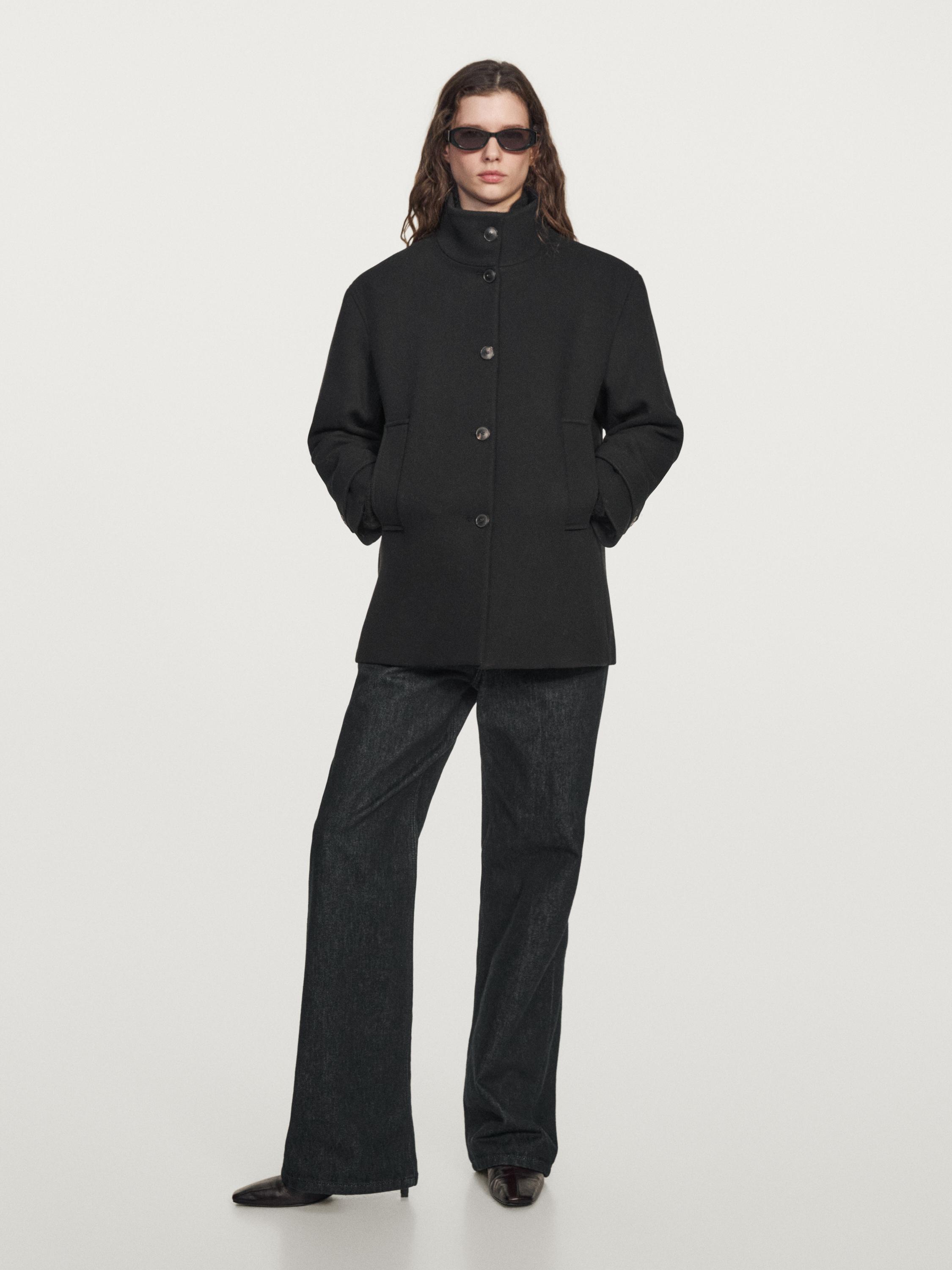 Wool blend high neck coat with button fastening — BLACK
