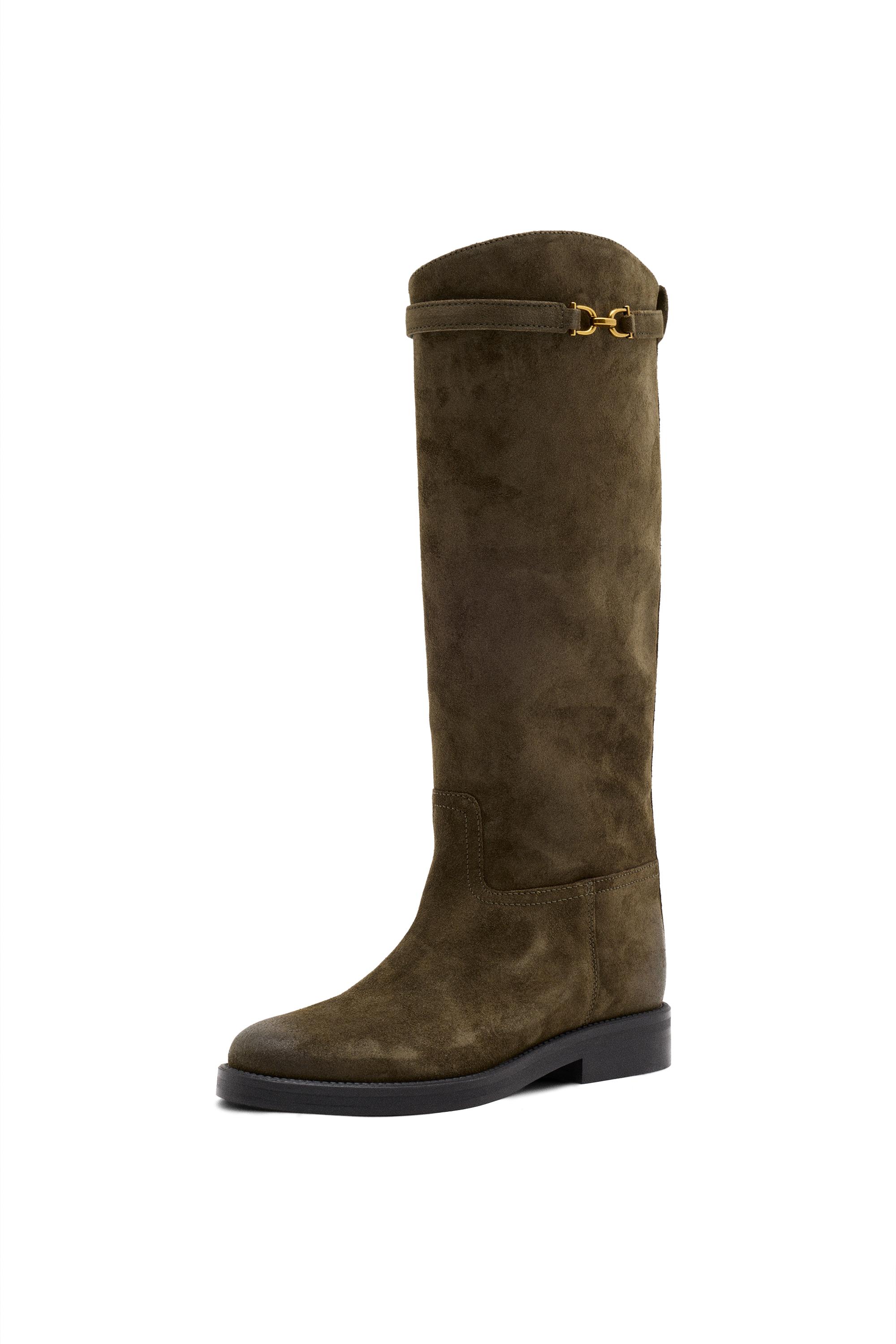 Oiled split suede riding boots — KHAKI