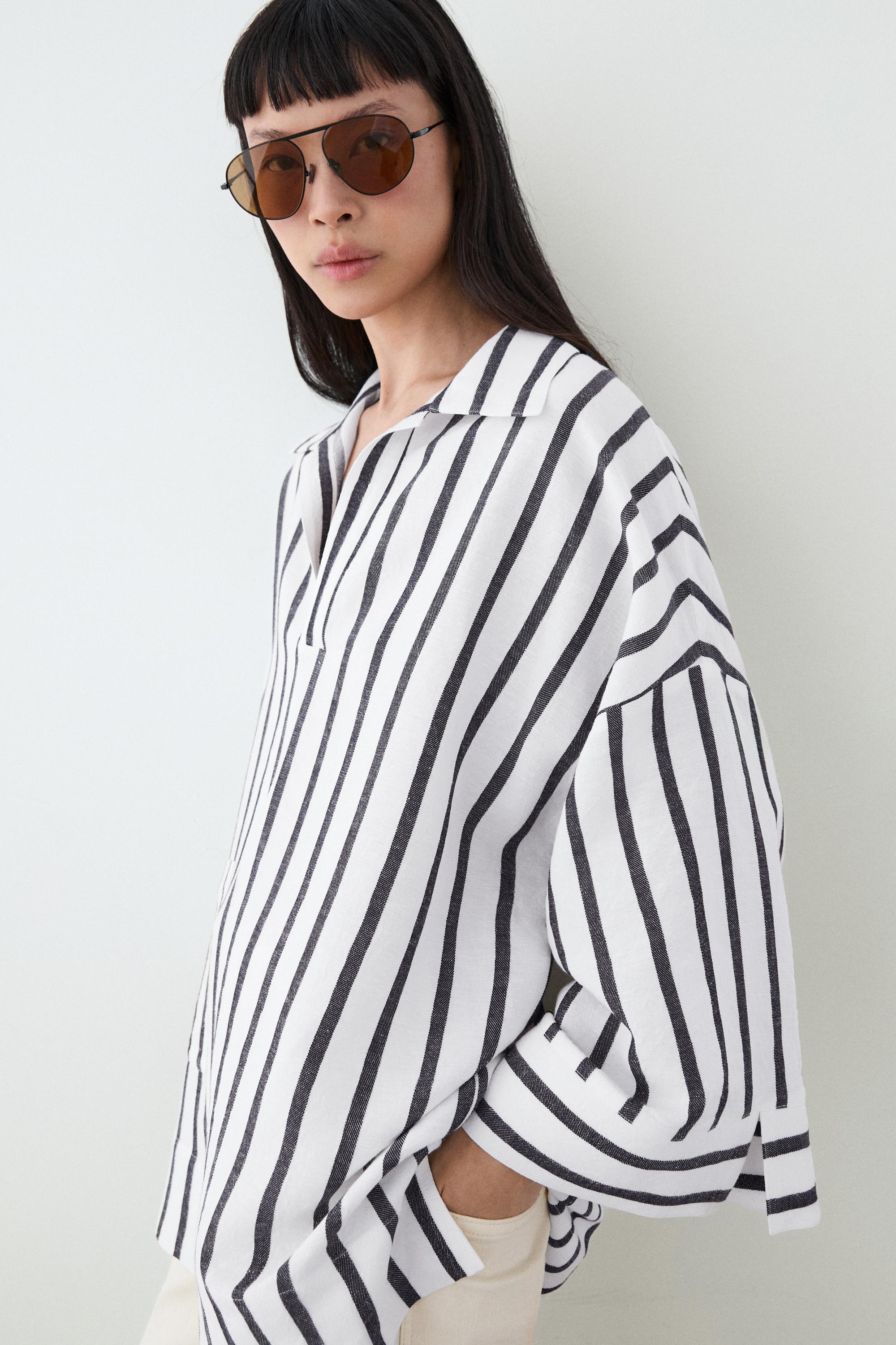 Striped oversize linen blend shirt — WHITE